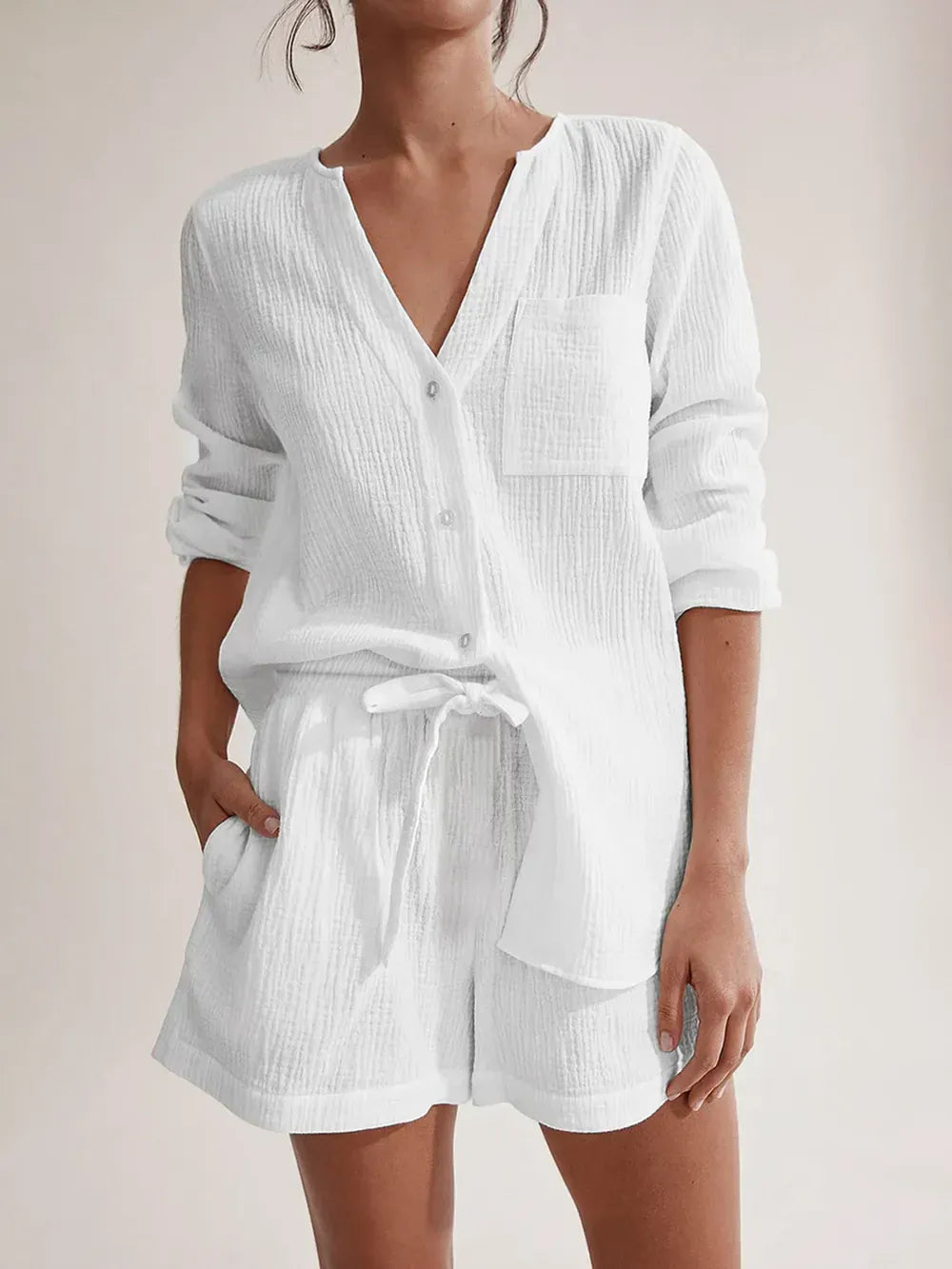 Notched Long Sleeve Top and Shorts Set-Krush Kandy, Women's Online Fashion Boutique Located in Phoenix, Arizona (Scottsdale Area)