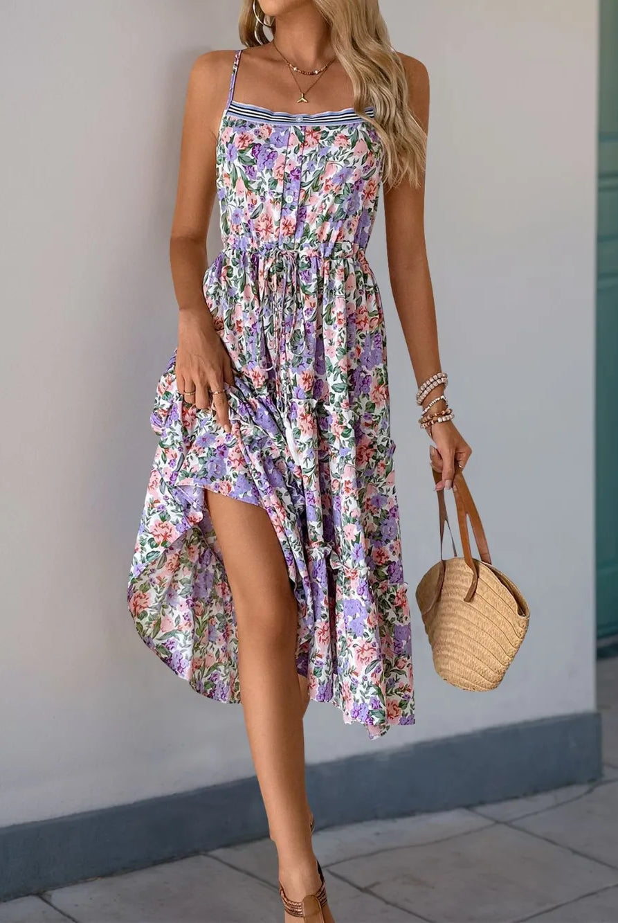 Perfee Decor Button Printed Sleeveless Tiered Midi Dress-Dresses-Krush Kandy, Women's Online Fashion Boutique Located in Phoenix, Arizona (Scottsdale Area)