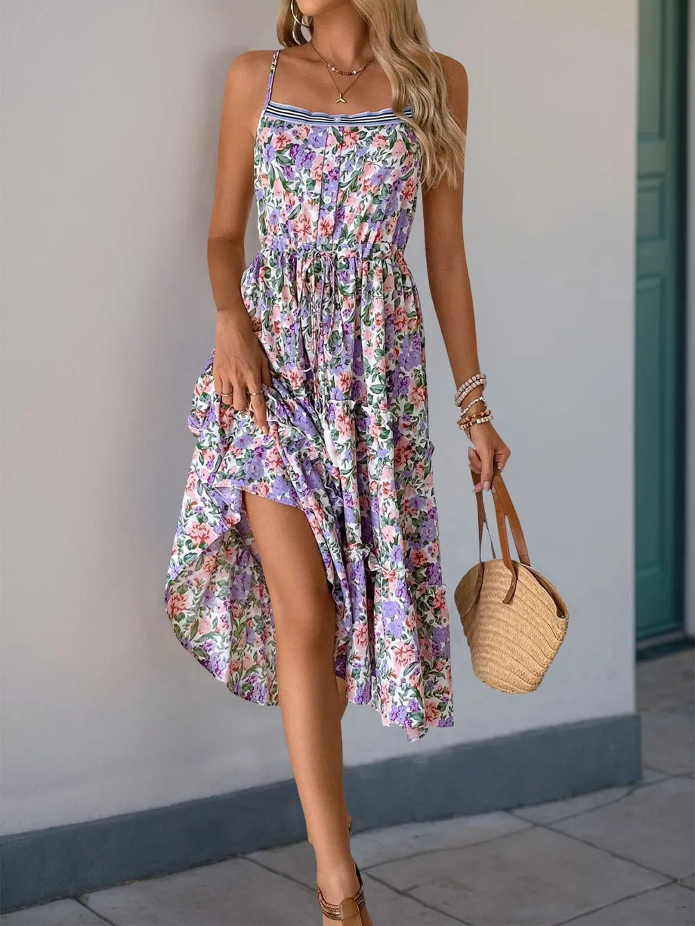 Perfee Decor Button Printed Sleeveless Tiered Midi Dress-Dresses-Krush Kandy, Women's Online Fashion Boutique Located in Phoenix, Arizona (Scottsdale Area)