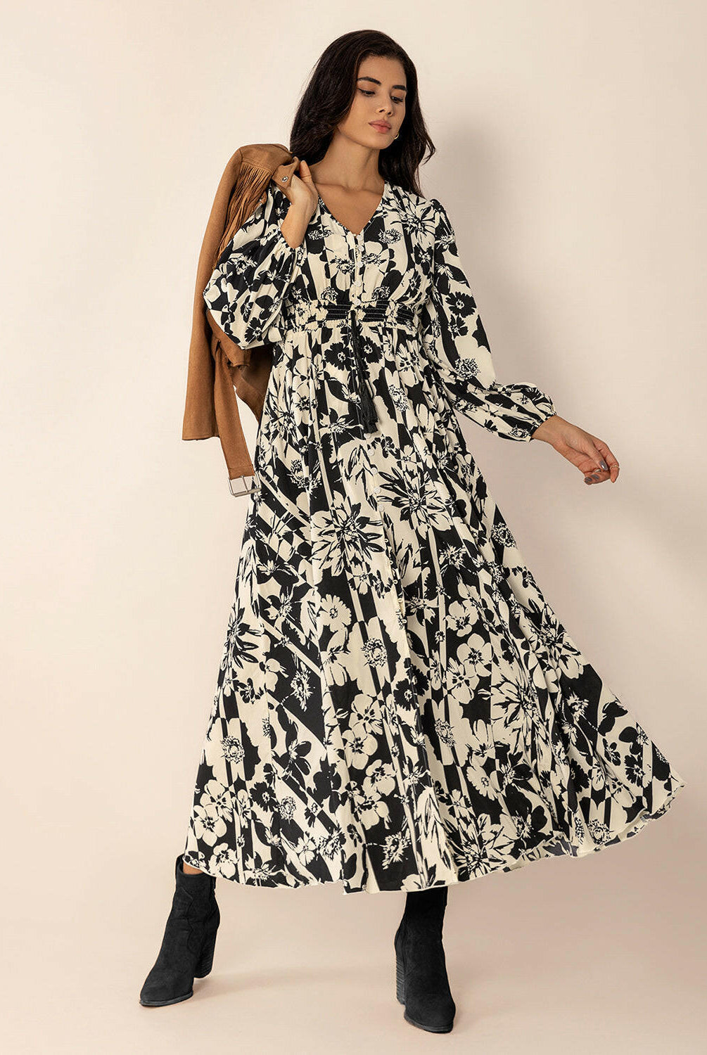 Tied Printed V-Neck Long Sleeve Midi Dress-Krush Kandy, Women's Online Fashion Boutique Located in Phoenix, Arizona (Scottsdale Area)