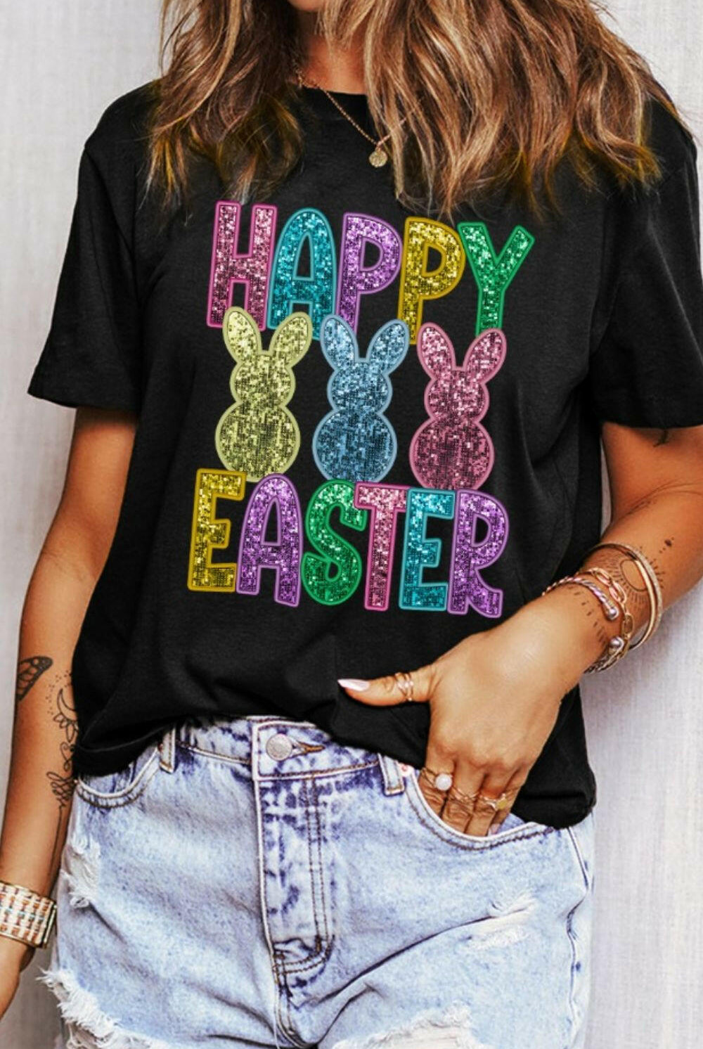 HAPPY EASTER Sequin Bunny Round Neck T-Shirt-Graphic Tees-Krush Kandy, Women's Online Fashion Boutique Located in Phoenix, Arizona (Scottsdale Area)