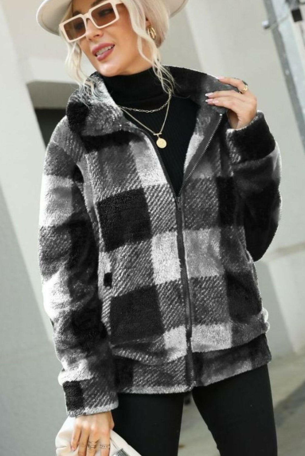 Plaid Zip-Up Collared Jacket-Krush Kandy, Women's Online Fashion Boutique Located in Phoenix, Arizona (Scottsdale Area)