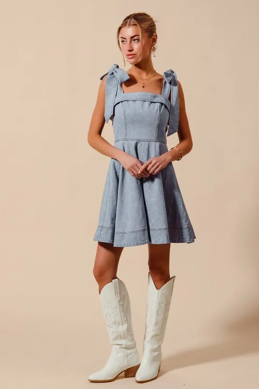 SO ME A Line Bow Denim Dress-Dresses-Krush Kandy, Women's Online Fashion Boutique Located in Phoenix, Arizona (Scottsdale Area)