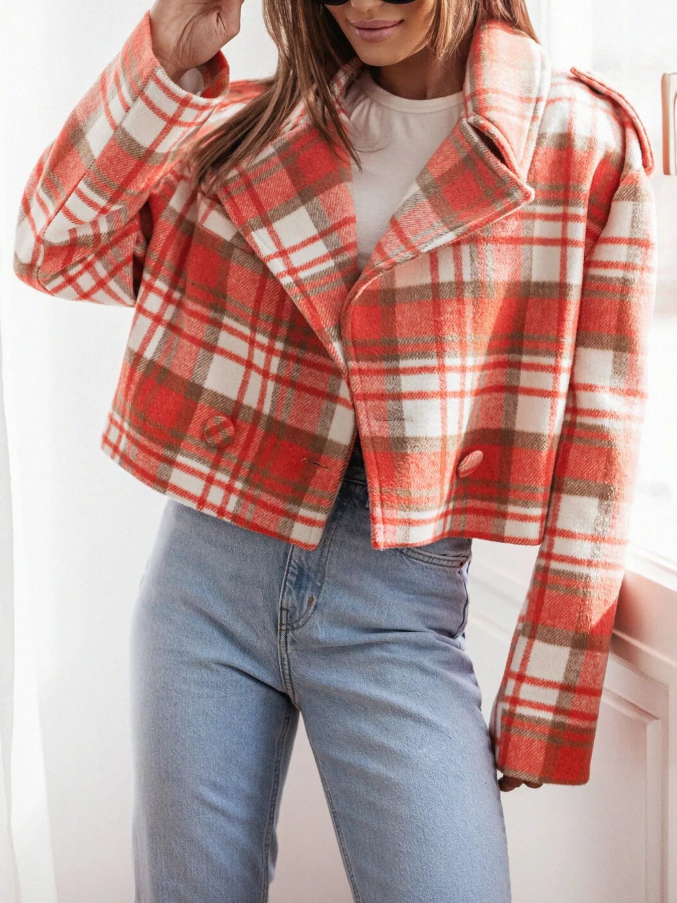 Plaid Lapel Collar Cropped Outerwear-Jackets-Krush Kandy, Women's Online Fashion Boutique Located in Phoenix, Arizona (Scottsdale Area)