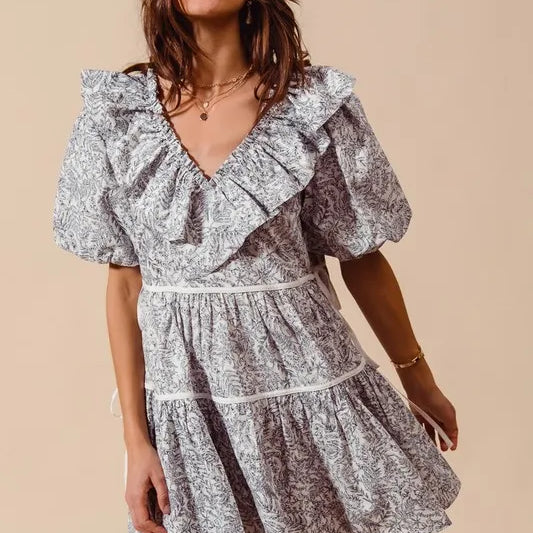SO ME Cotton Printed Ruffle V Neckline Dress with Side Tie-Dresses-Krush Kandy, Women's Online Fashion Boutique Located in Phoenix, Arizona (Scottsdale Area)