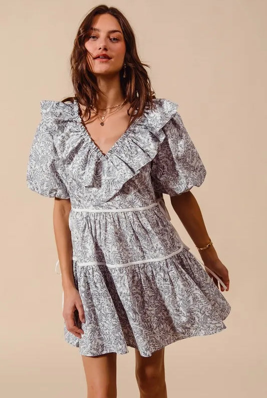 SO ME Cotton Printed Ruffle V Neckline Dress with Side Tie-Dresses-Krush Kandy, Women's Online Fashion Boutique Located in Phoenix, Arizona (Scottsdale Area)