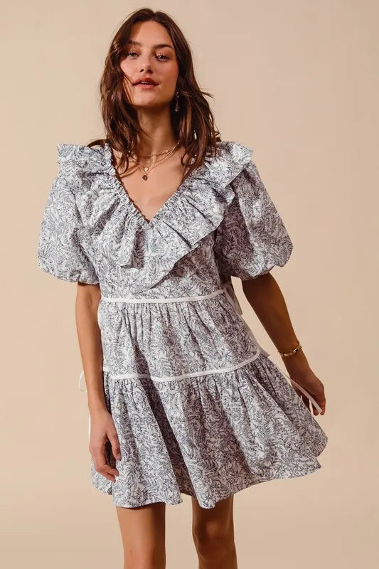 SO ME Cotton Printed Ruffle V Neckline Dress with Side Tie-Dresses-Krush Kandy, Women's Online Fashion Boutique Located in Phoenix, Arizona (Scottsdale Area)