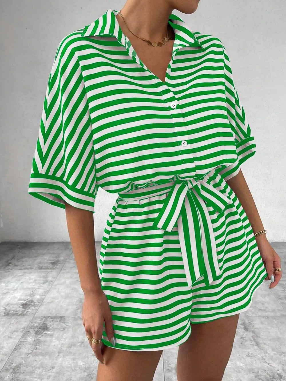 Tie Waist Half Button Striped Romper-Jumpsuits & Rompers-Krush Kandy, Women's Online Fashion Boutique Located in Phoenix, Arizona (Scottsdale Area)