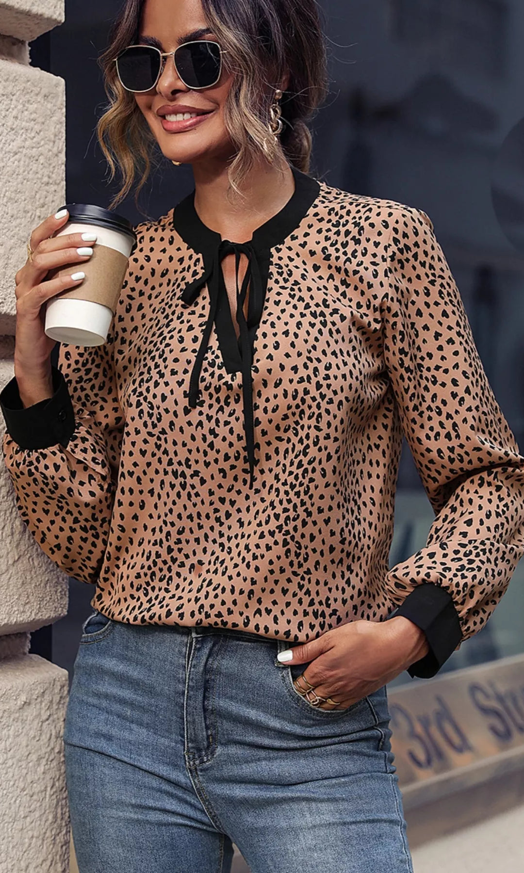 Animal Print Contrast Trim Tie Front Blouse-Tops-Krush Kandy, Women's Online Fashion Boutique Located in Phoenix, Arizona (Scottsdale Area)