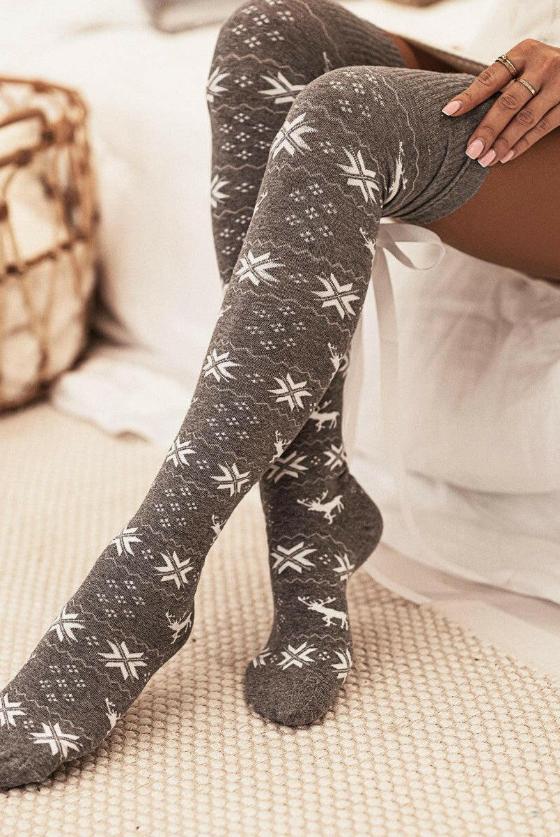 Christmas Element Bowknot Ribbed Trim Over Knee Stockings-Accessories-Krush Kandy, Women's Online Fashion Boutique Located in Phoenix, Arizona (Scottsdale Area)