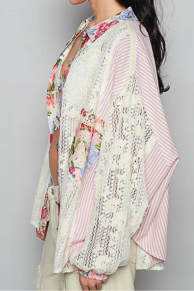 POL Lace Long Sleeve Shirt with Floral and Striped Pattern-Cardigan-Krush Kandy, Women's Online Fashion Boutique Located in Phoenix, Arizona (Scottsdale Area)