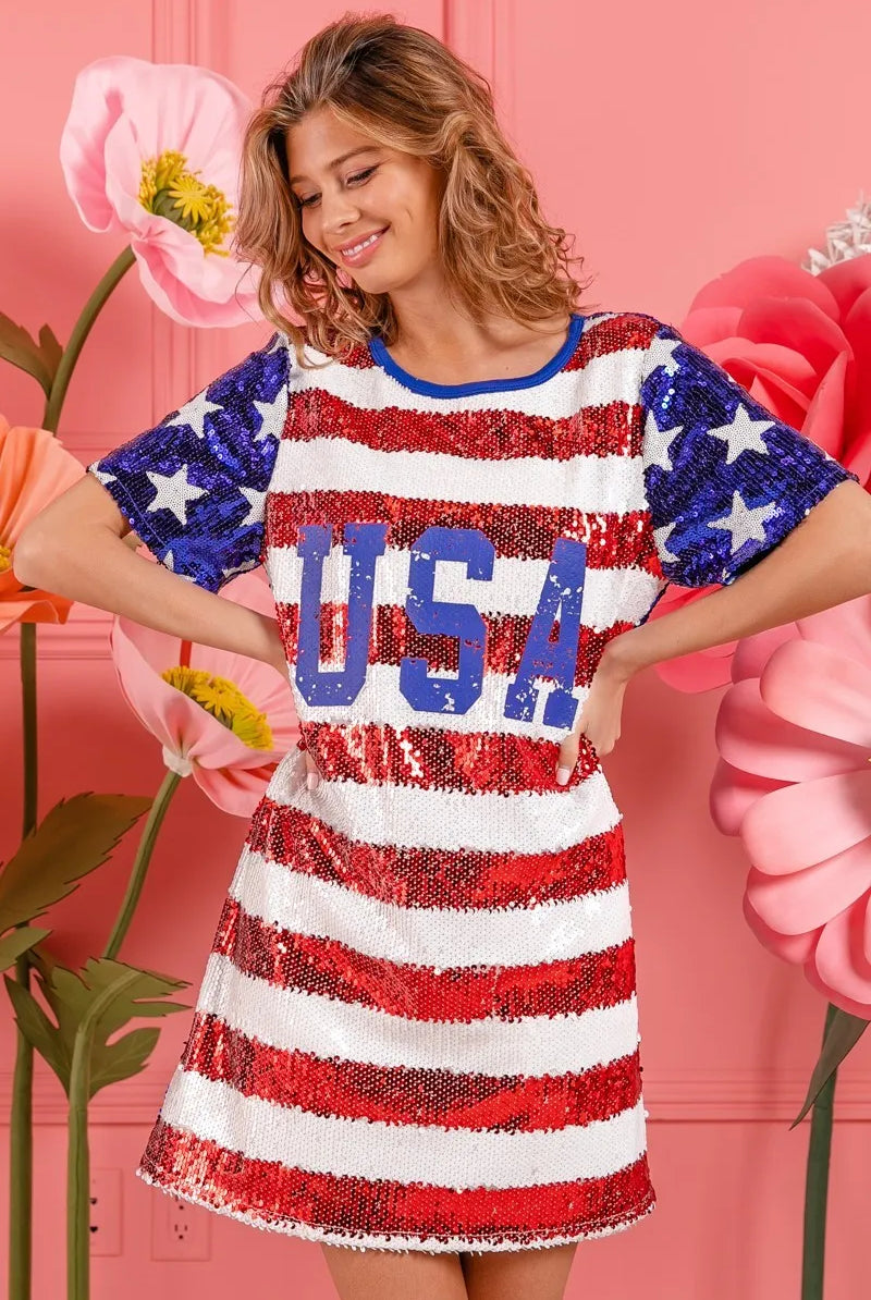 BiBi American Flag Theme Usa Print Sequin Dress-Dresses-Krush Kandy, Women's Online Fashion Boutique Located in Phoenix, Arizona (Scottsdale Area)