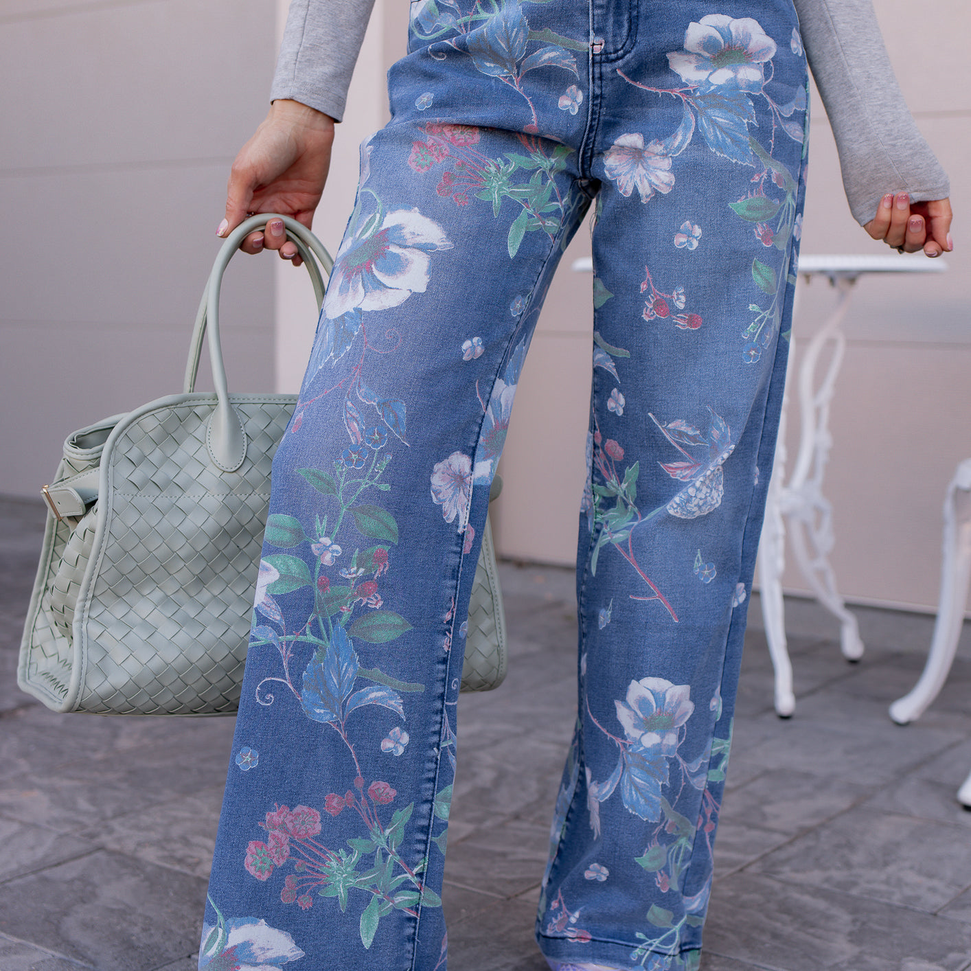 Dreamy Floral Wide Leg Denim Pants