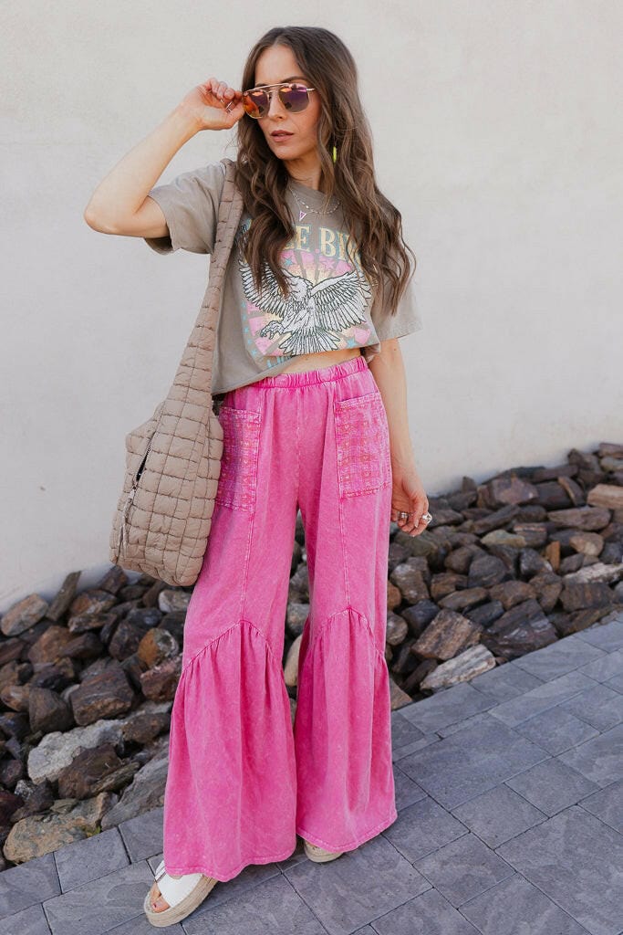 J.HER Mineral Washed Cotton Print Pocket Wide-Leg Flare Pants | S-XL-Pants-Krush Kandy, Women's Online Fashion Boutique Located in Phoenix, Arizona (Scottsdale Area)