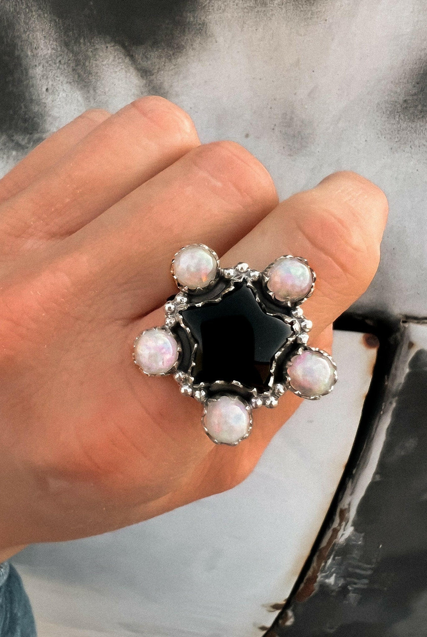 Mini White Opal & Black Onyx Star Cluster Ring-Krush Kandy, Women's Online Fashion Boutique Located in Phoenix, Arizona (Scottsdale Area)