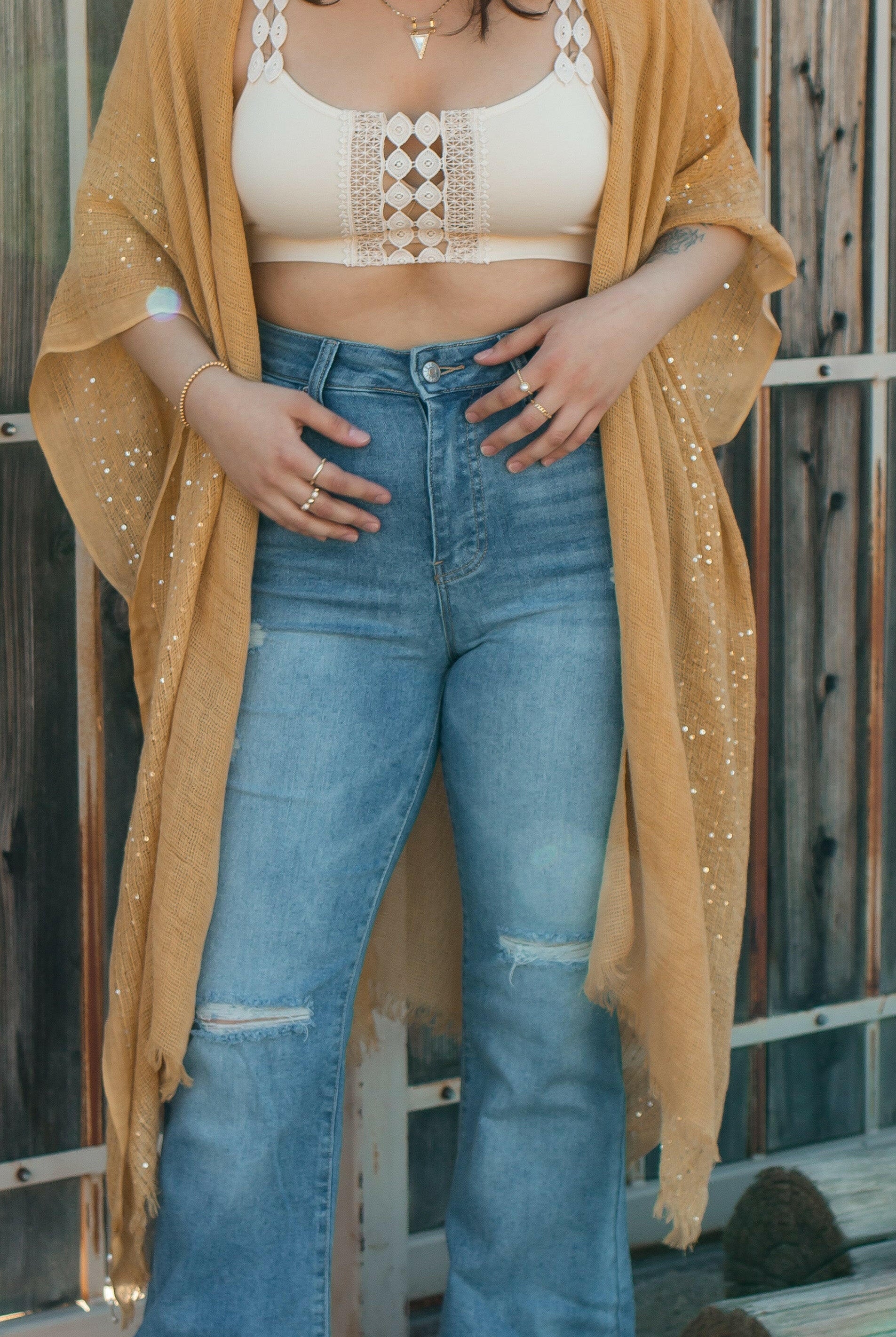 Sequin Border Frayed Trim Kimono-Kimonos-Krush Kandy, Women's Online Fashion Boutique Located in Phoenix, Arizona (Scottsdale Area)