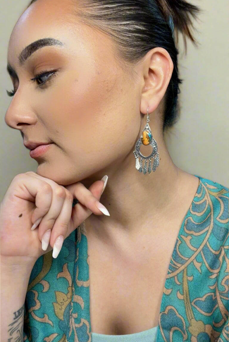 Boho Fringe Sterling Silver Stone Earrings-Drop Earrings-Krush Kandy, Women's Online Fashion Boutique Located in Phoenix, Arizona (Scottsdale Area)