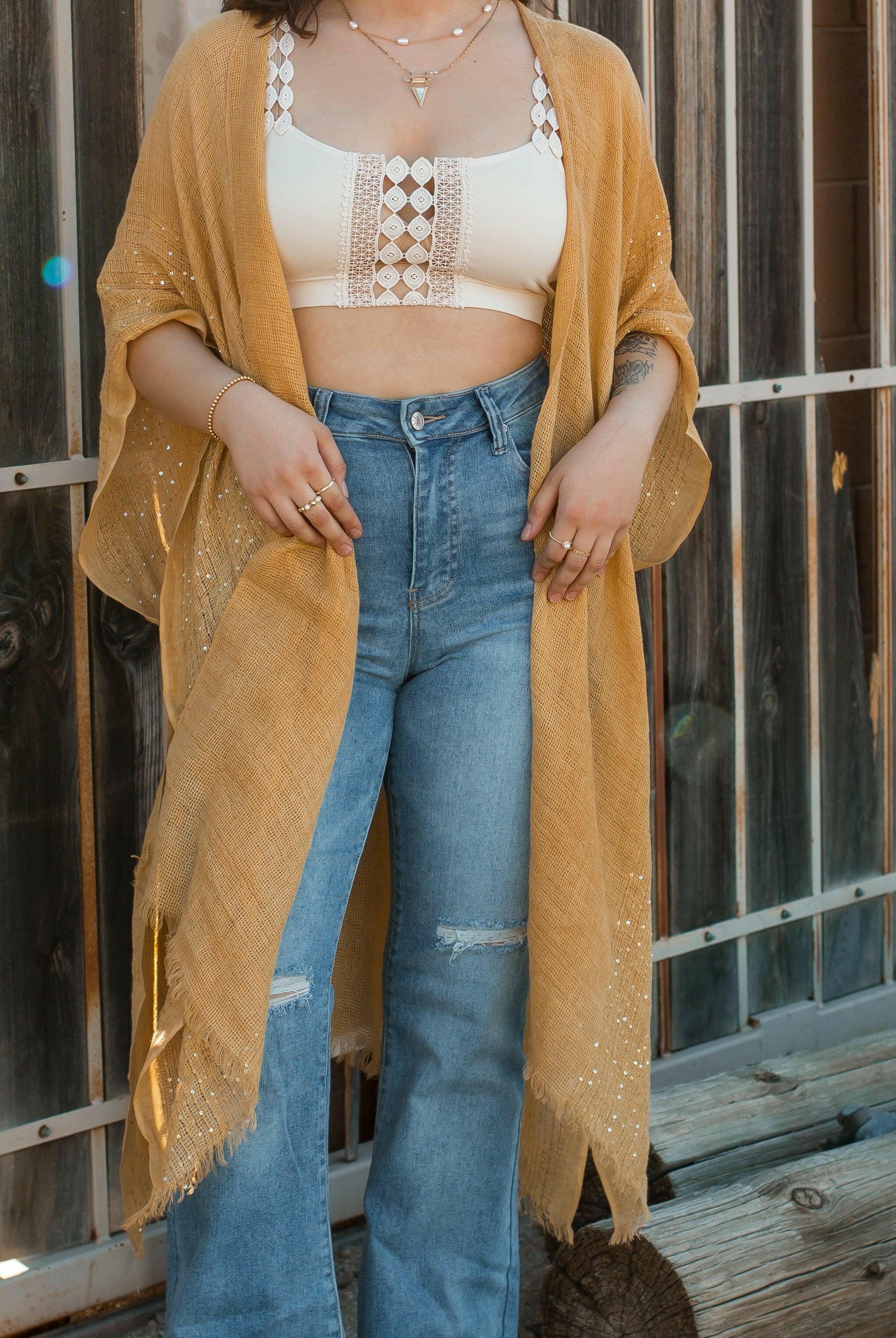 Sequin Border Frayed Trim Kimono-Kimonos-Krush Kandy, Women's Online Fashion Boutique Located in Phoenix, Arizona (Scottsdale Area)