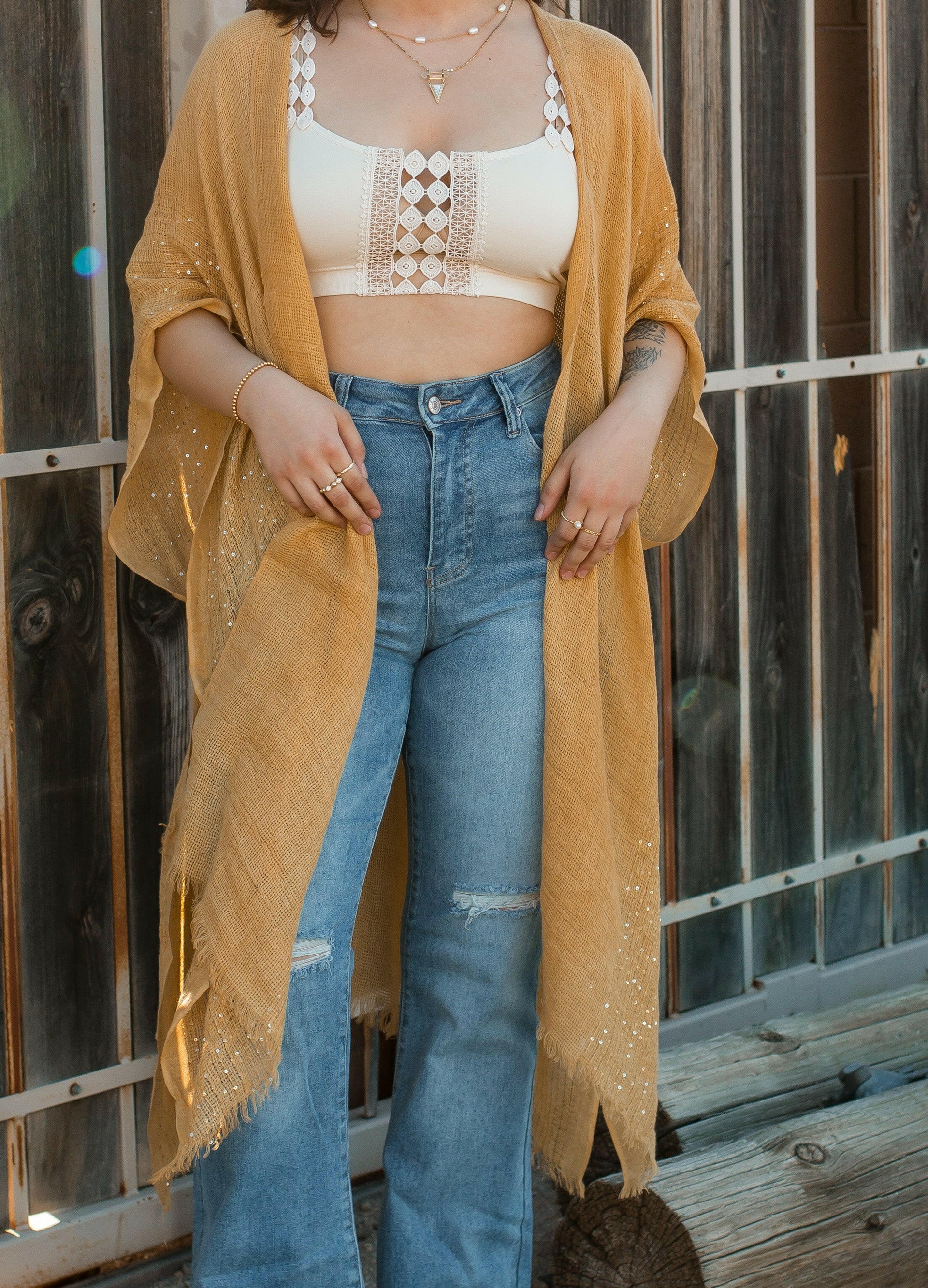 Sequin Border Frayed Trim Kimono-Kimonos-Krush Kandy, Women's Online Fashion Boutique Located in Phoenix, Arizona (Scottsdale Area)