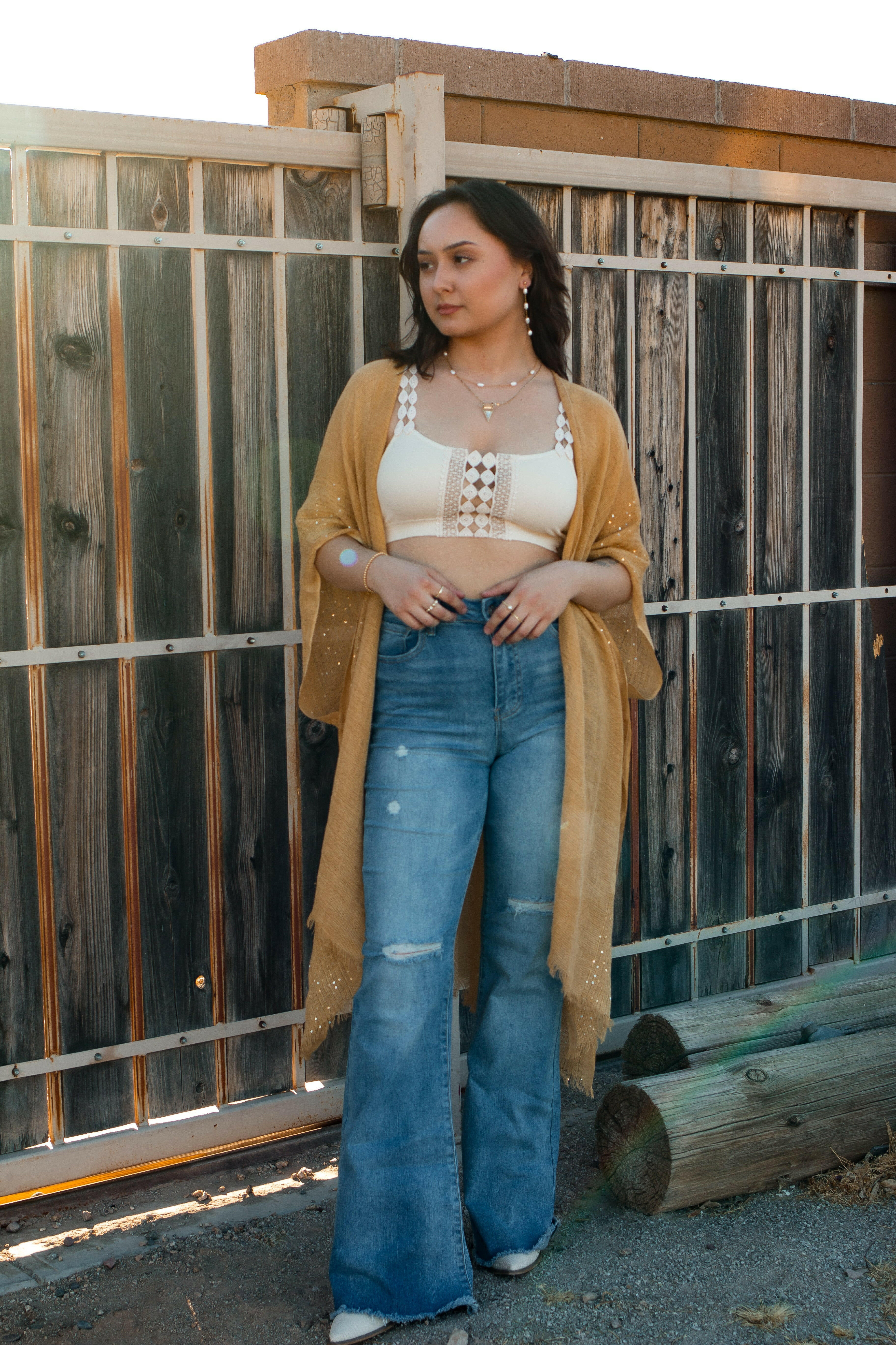 Sequin Border Frayed Trim Kimono-Kimonos-Krush Kandy, Women's Online Fashion Boutique Located in Phoenix, Arizona (Scottsdale Area)