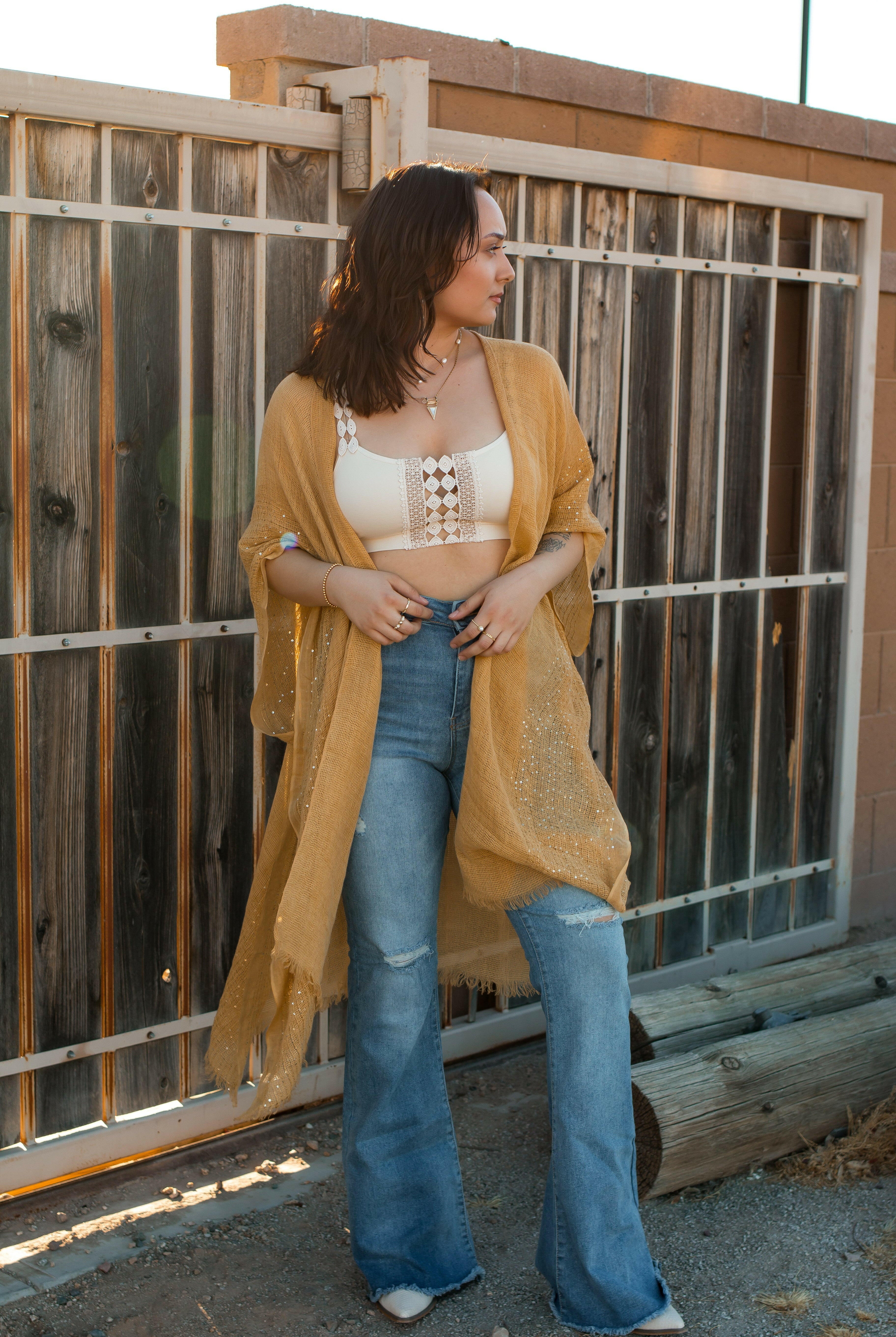 Sequin Border Frayed Trim Kimono-Kimonos-Krush Kandy, Women's Online Fashion Boutique Located in Phoenix, Arizona (Scottsdale Area)