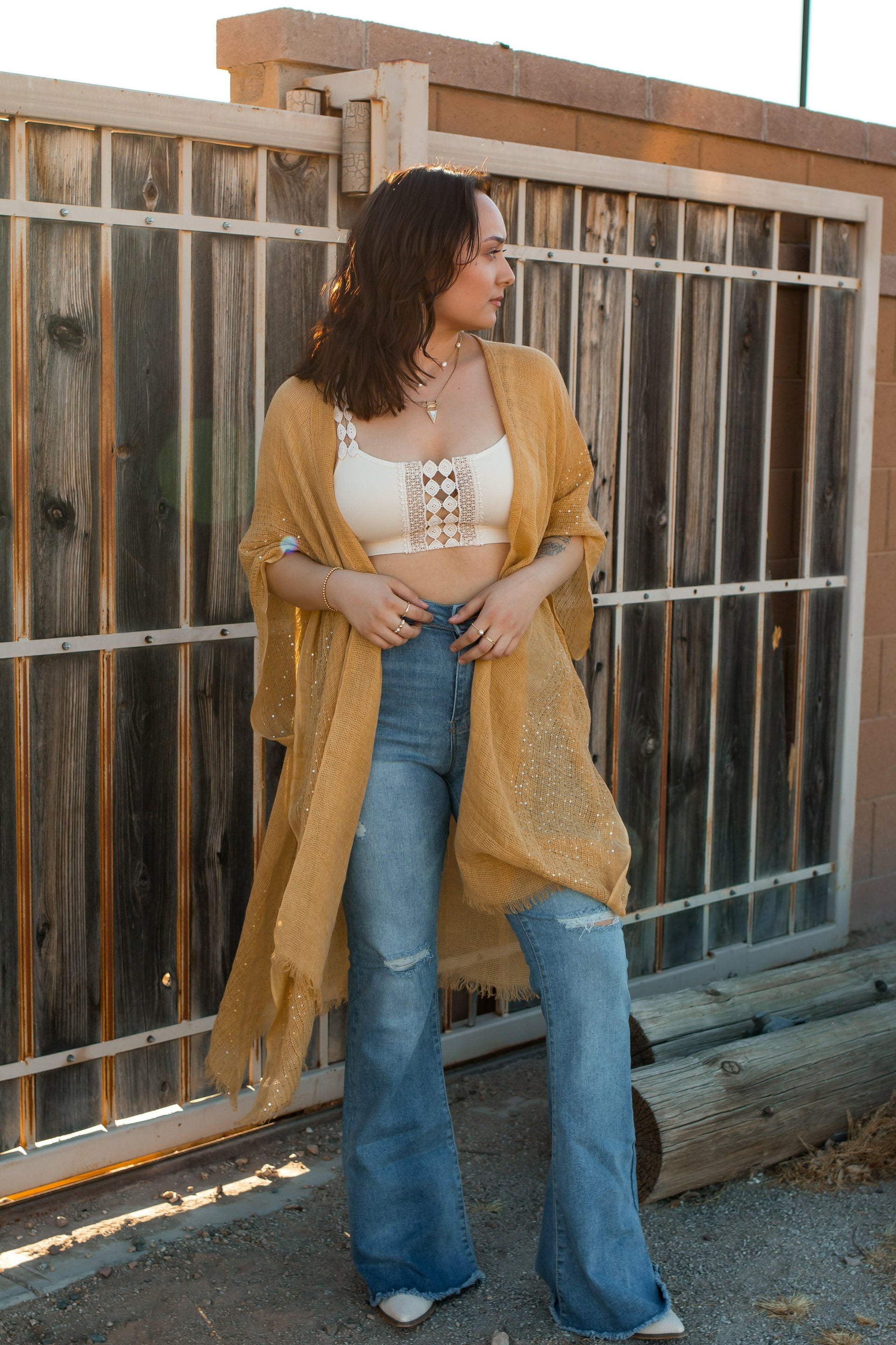 Sequin Border Frayed Trim Kimono-Kimonos-Krush Kandy, Women's Online Fashion Boutique Located in Phoenix, Arizona (Scottsdale Area)