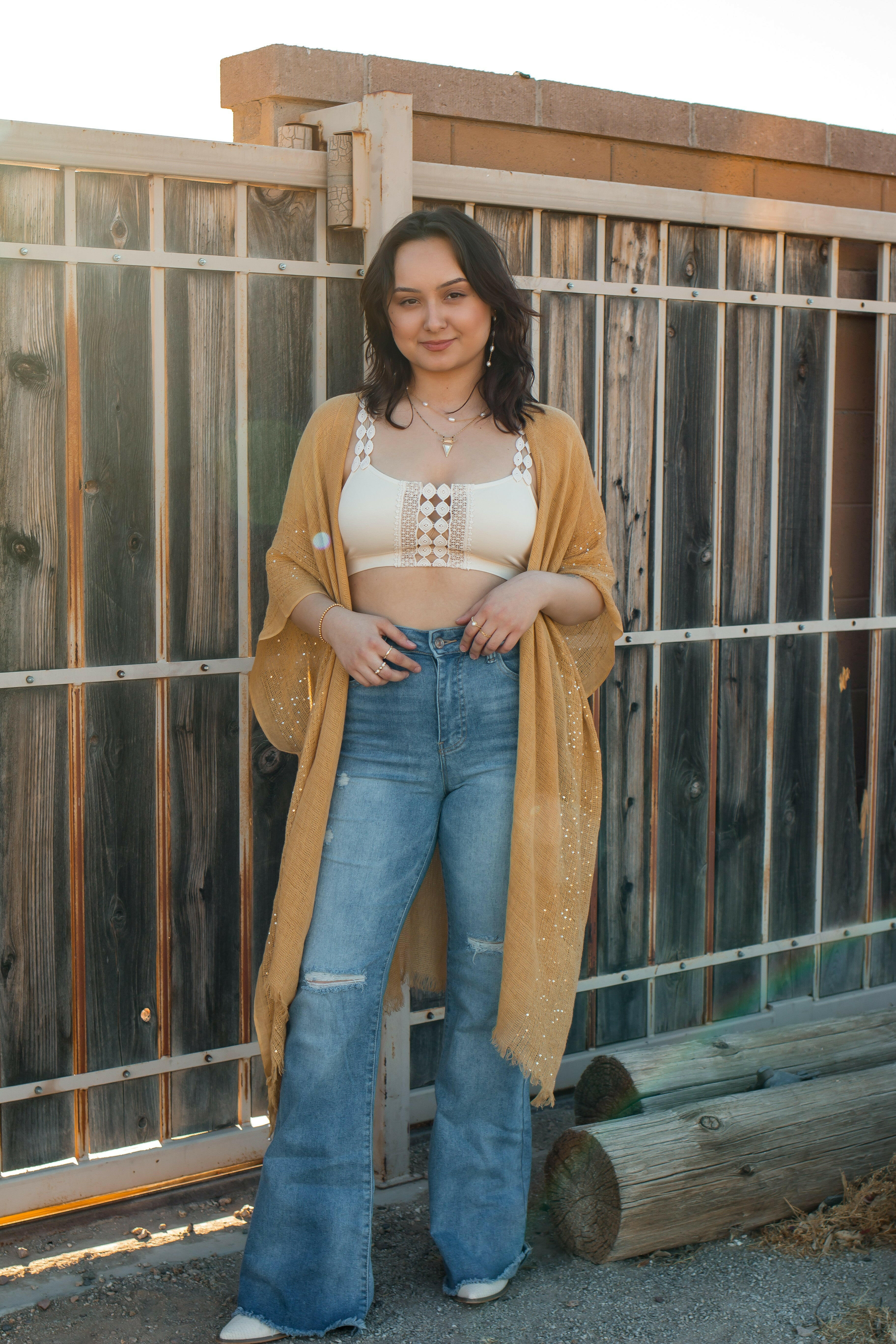 Sequin Border Frayed Trim Kimono-Kimonos-Krush Kandy, Women's Online Fashion Boutique Located in Phoenix, Arizona (Scottsdale Area)