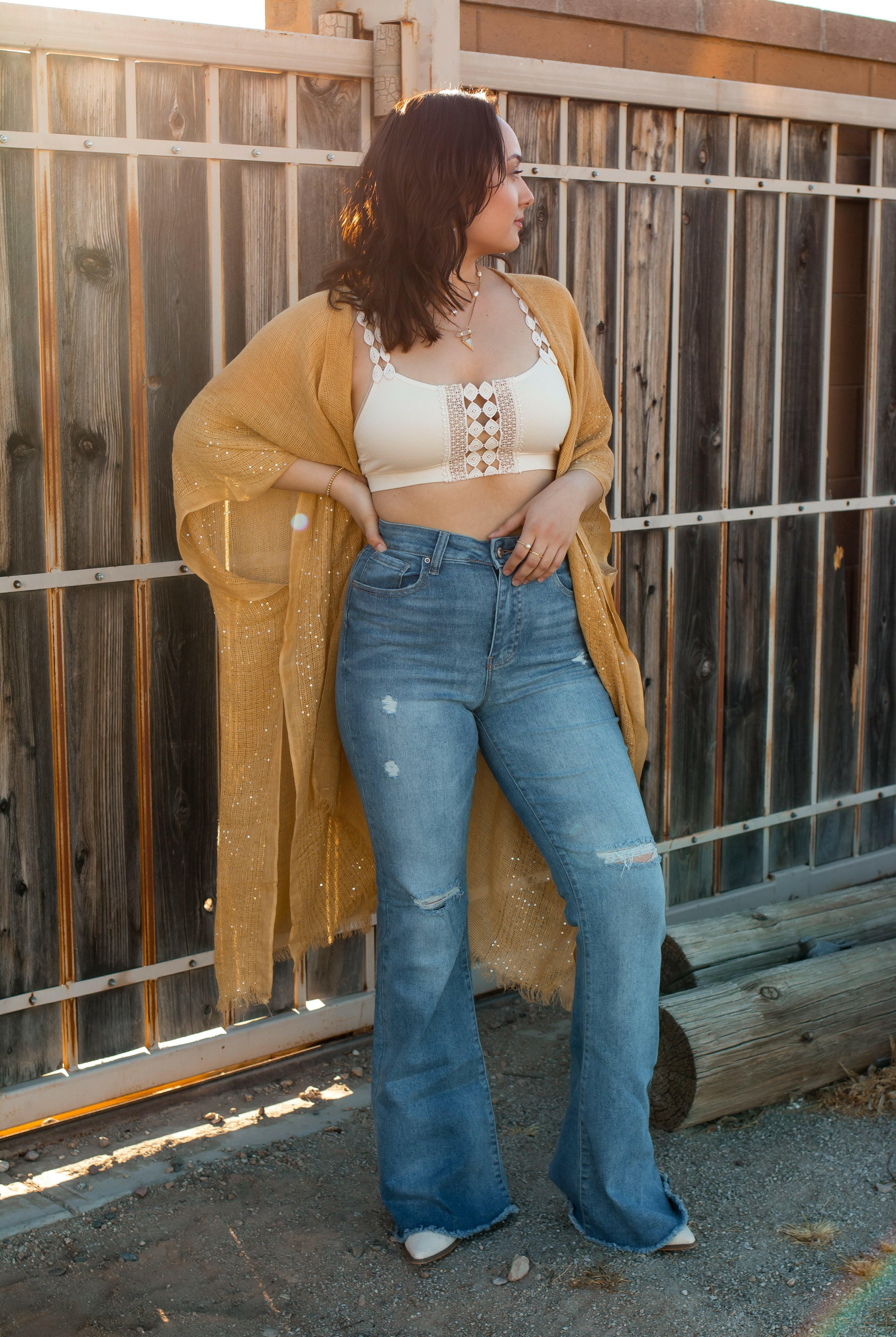 Sequin Border Frayed Trim Kimono-Kimonos-Krush Kandy, Women's Online Fashion Boutique Located in Phoenix, Arizona (Scottsdale Area)