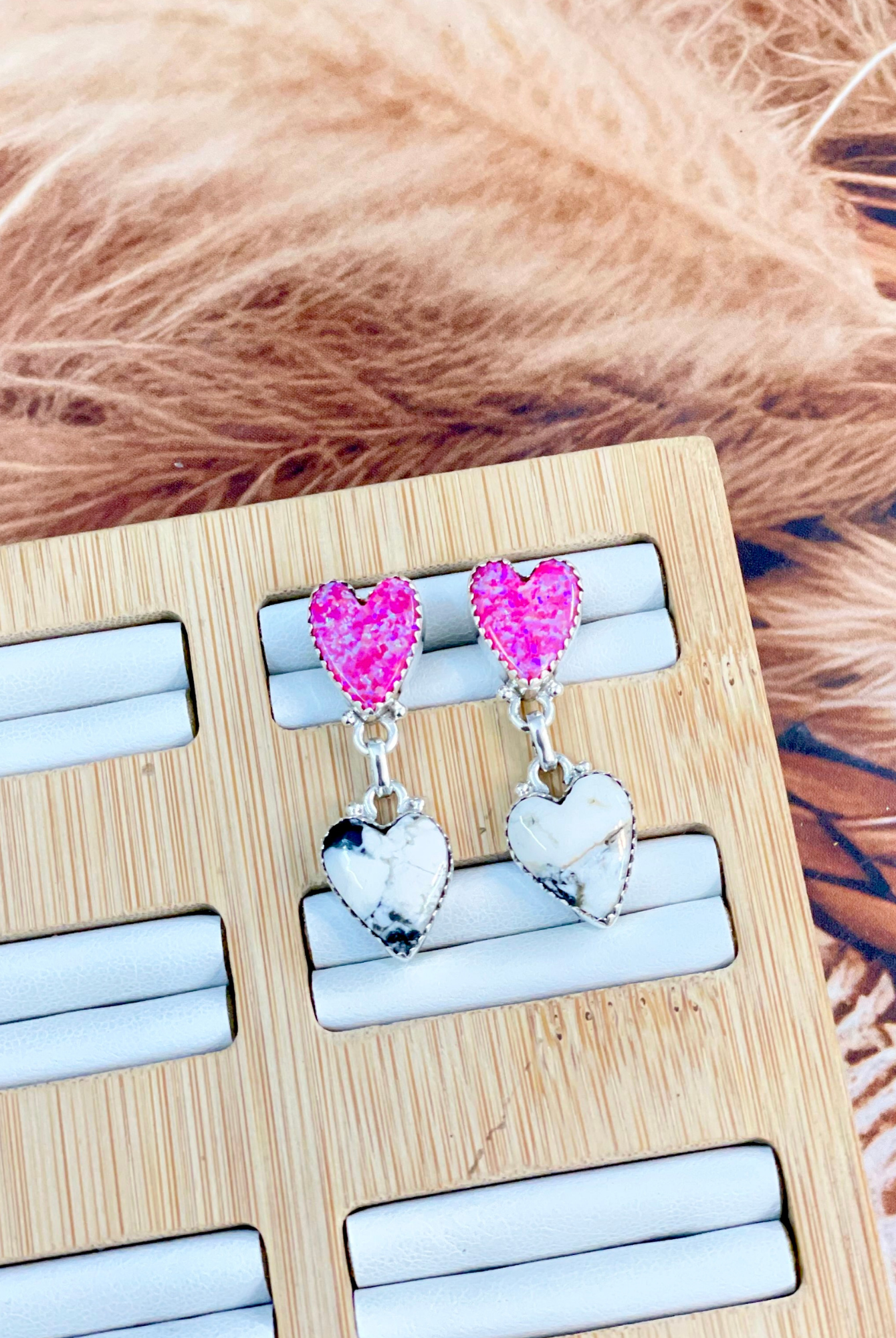 Neon Pink Opal & White Buffalo Heart Earrings-Stud Earrings-Krush Kandy, Women's Online Fashion Boutique Located in Phoenix, Arizona (Scottsdale Area)