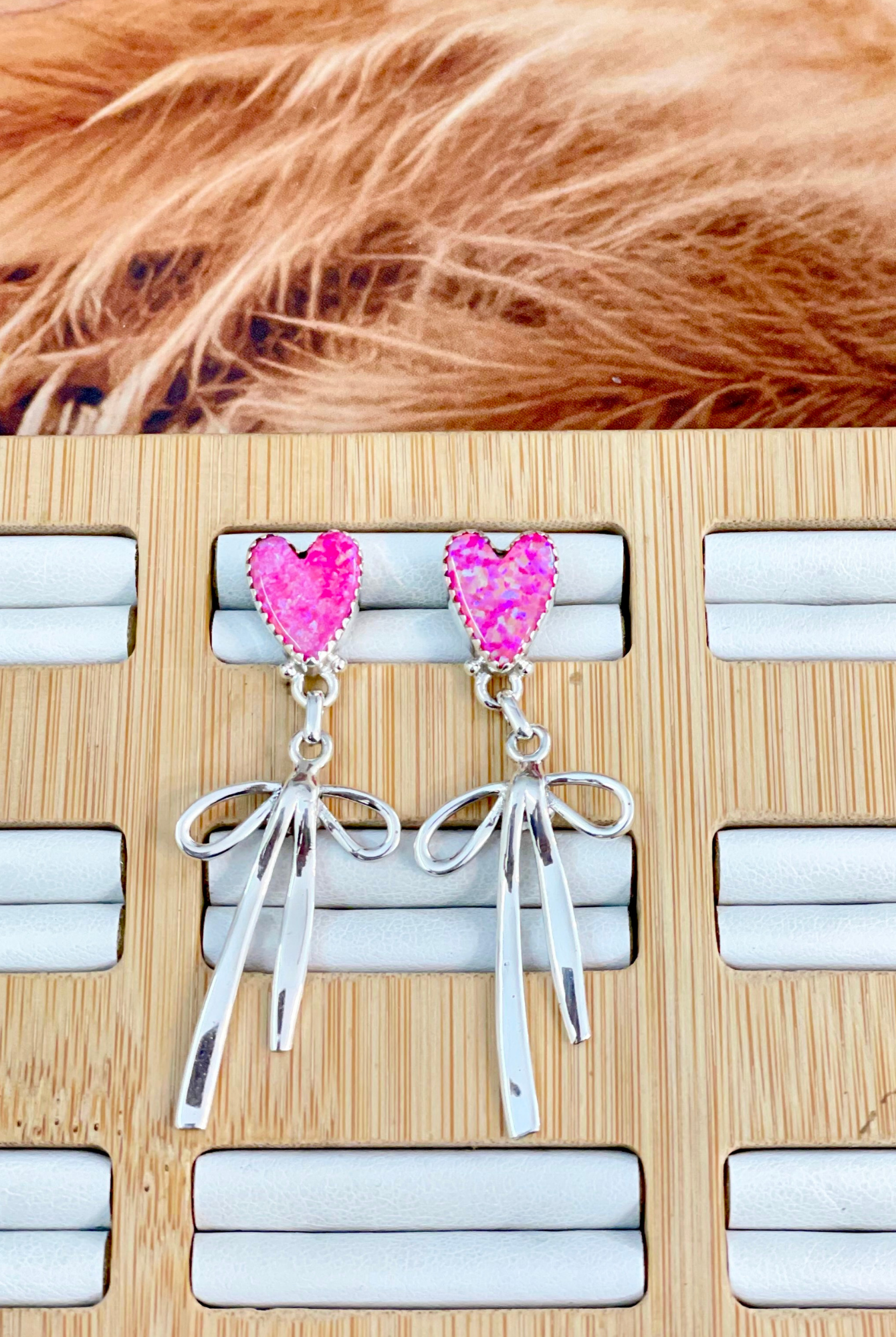 Neon Pink Opal Heart Stone & Sterling Bow Earrings MADE TO ORDER-Stud Earrings-Krush Kandy, Women's Online Fashion Boutique Located in Phoenix, Arizona (Scottsdale Area)