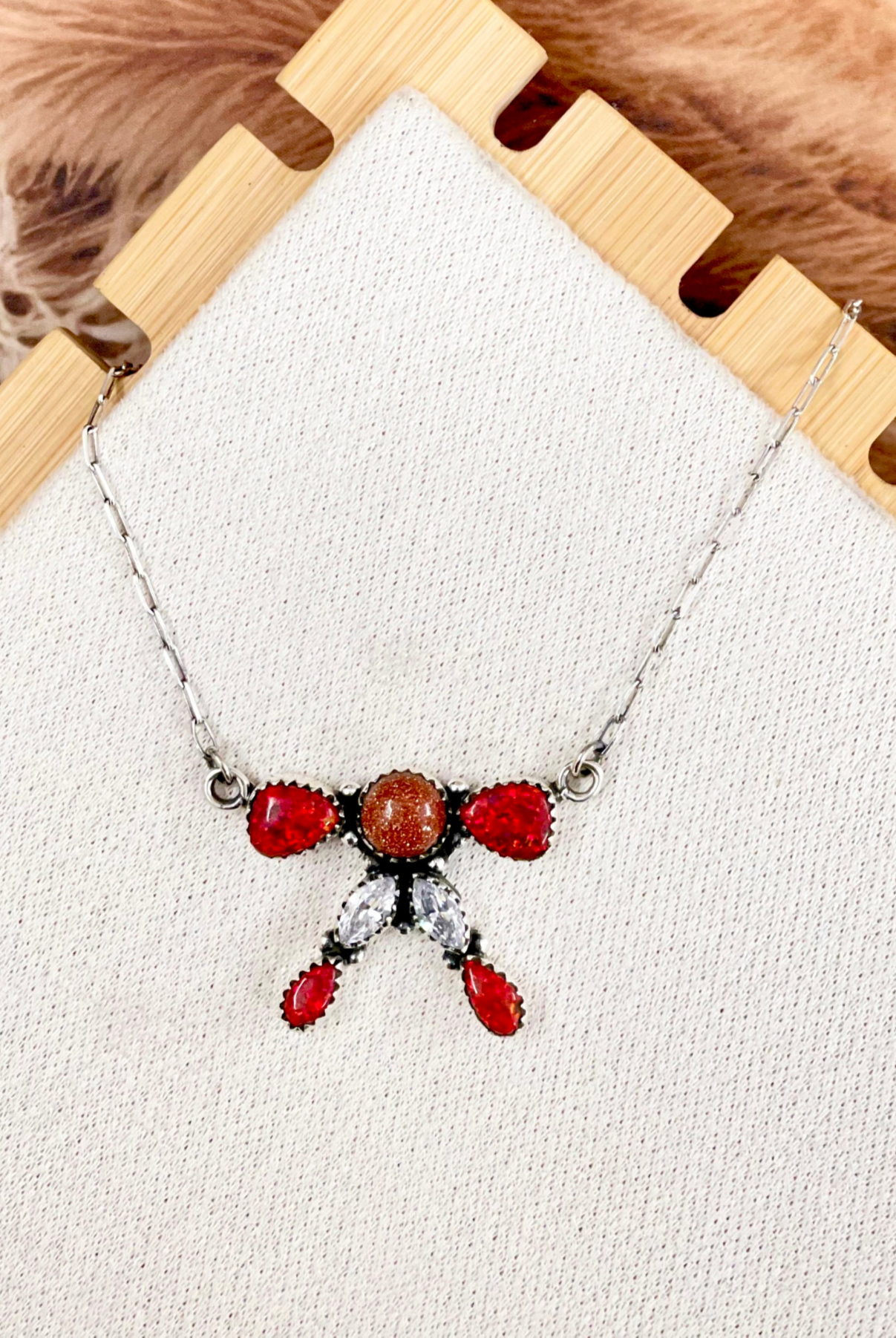Sunstone, Crystal & Red Opal Bow Necklace-Necklaces-Krush Kandy, Women's Online Fashion Boutique Located in Phoenix, Arizona (Scottsdale Area)