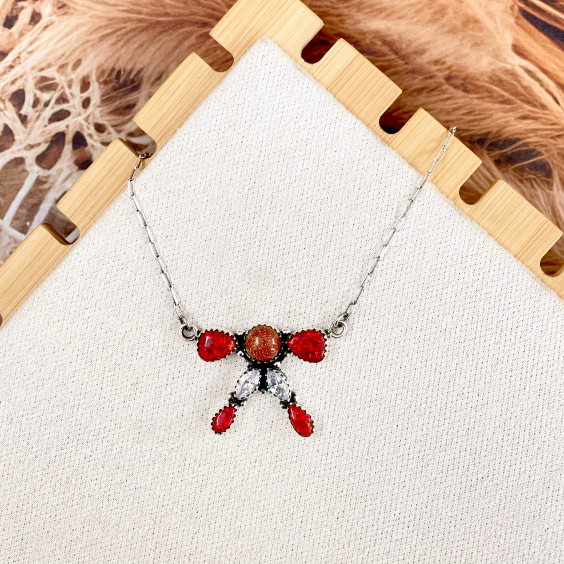 Sunstone, Crystal & Red Opal Bow Necklace-Necklaces-Krush Kandy, Women's Online Fashion Boutique Located in Phoenix, Arizona (Scottsdale Area)