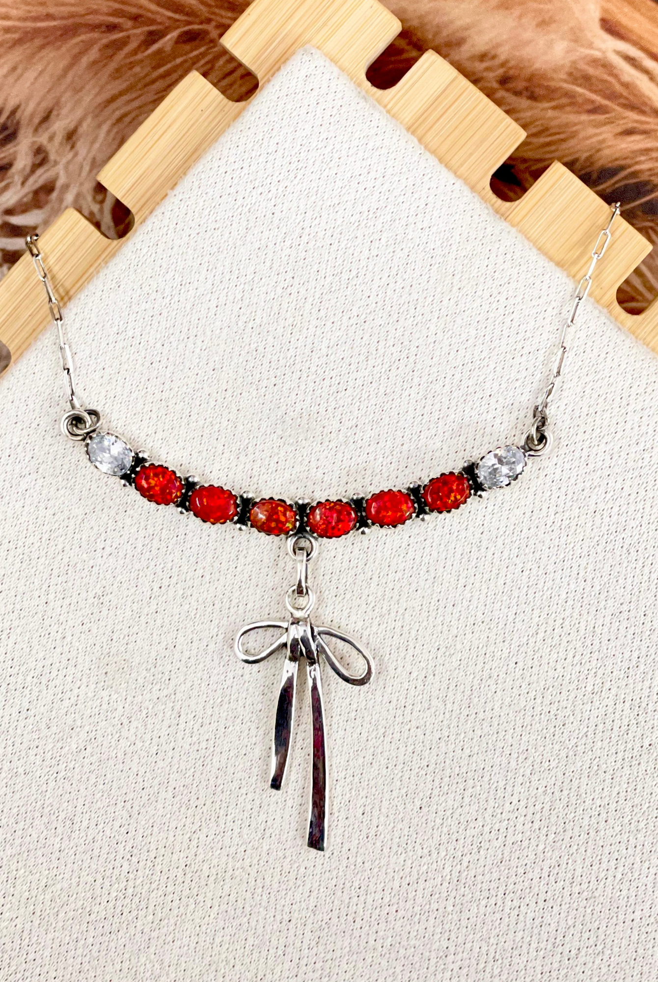 Red Opal & Crystal Bow Drop Necklace-Necklaces-Krush Kandy, Women's Online Fashion Boutique Located in Phoenix, Arizona (Scottsdale Area)