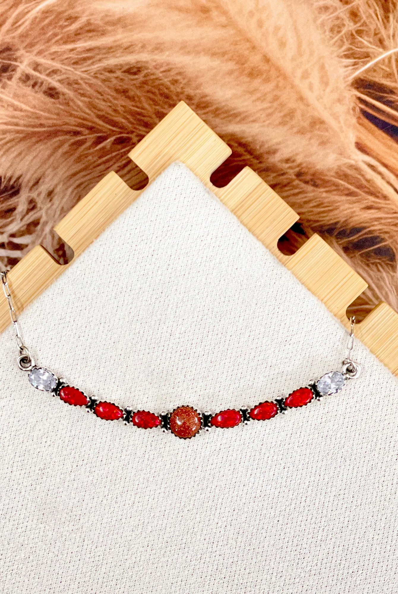 Red Opal, Sunstone & Crystal Bar Necklace-Necklaces-Krush Kandy, Women's Online Fashion Boutique Located in Phoenix, Arizona (Scottsdale Area)