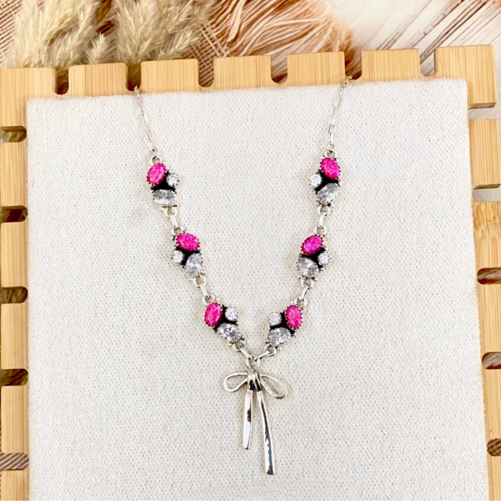 Crystal & Neon Pink Opal Bow Necklace-Necklaces-Krush Kandy, Women's Online Fashion Boutique Located in Phoenix, Arizona (Scottsdale Area)