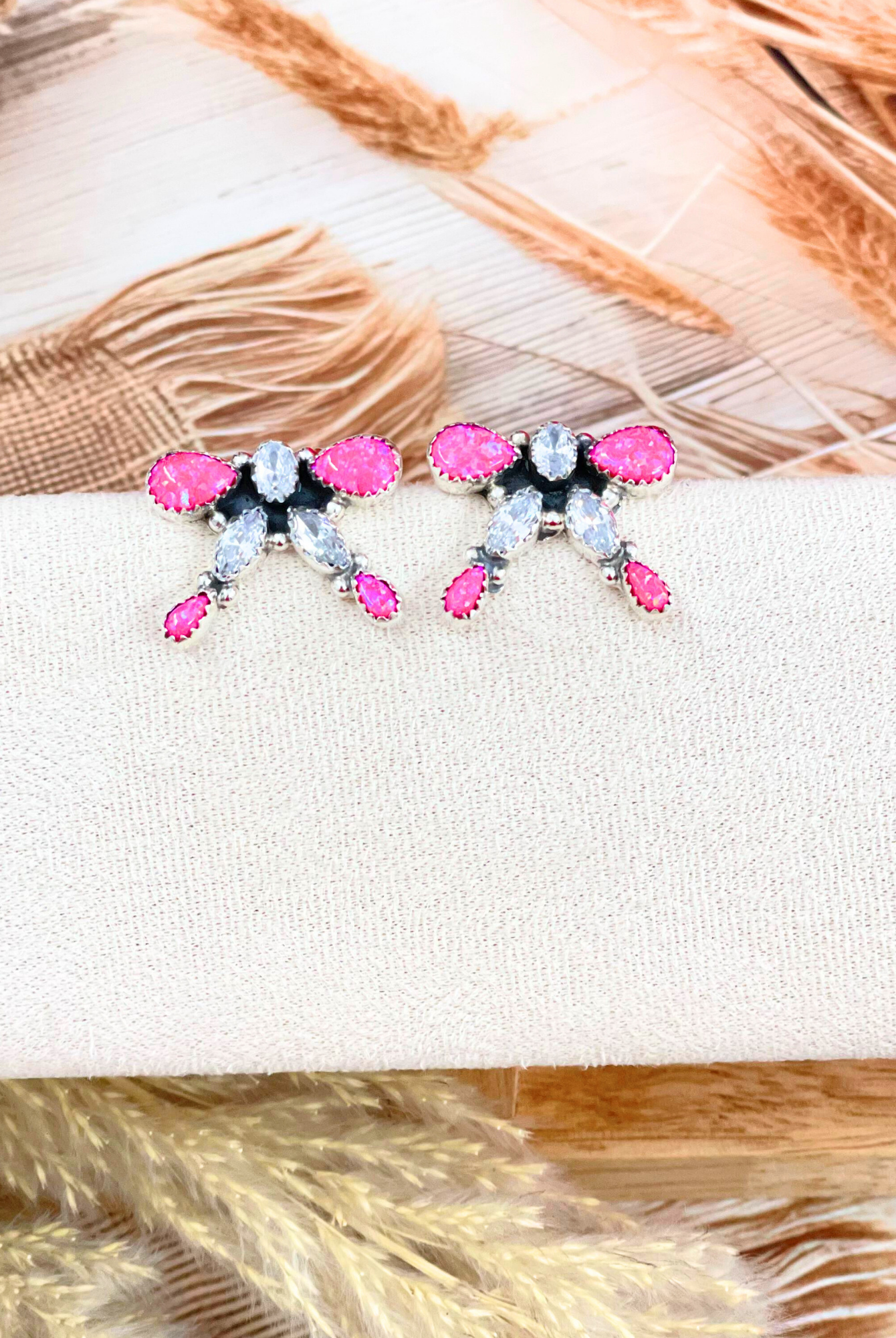 Neon Pink Opal & Crystal Bow Earrings-Stud Earrings-Krush Kandy, Women's Online Fashion Boutique Located in Phoenix, Arizona (Scottsdale Area)