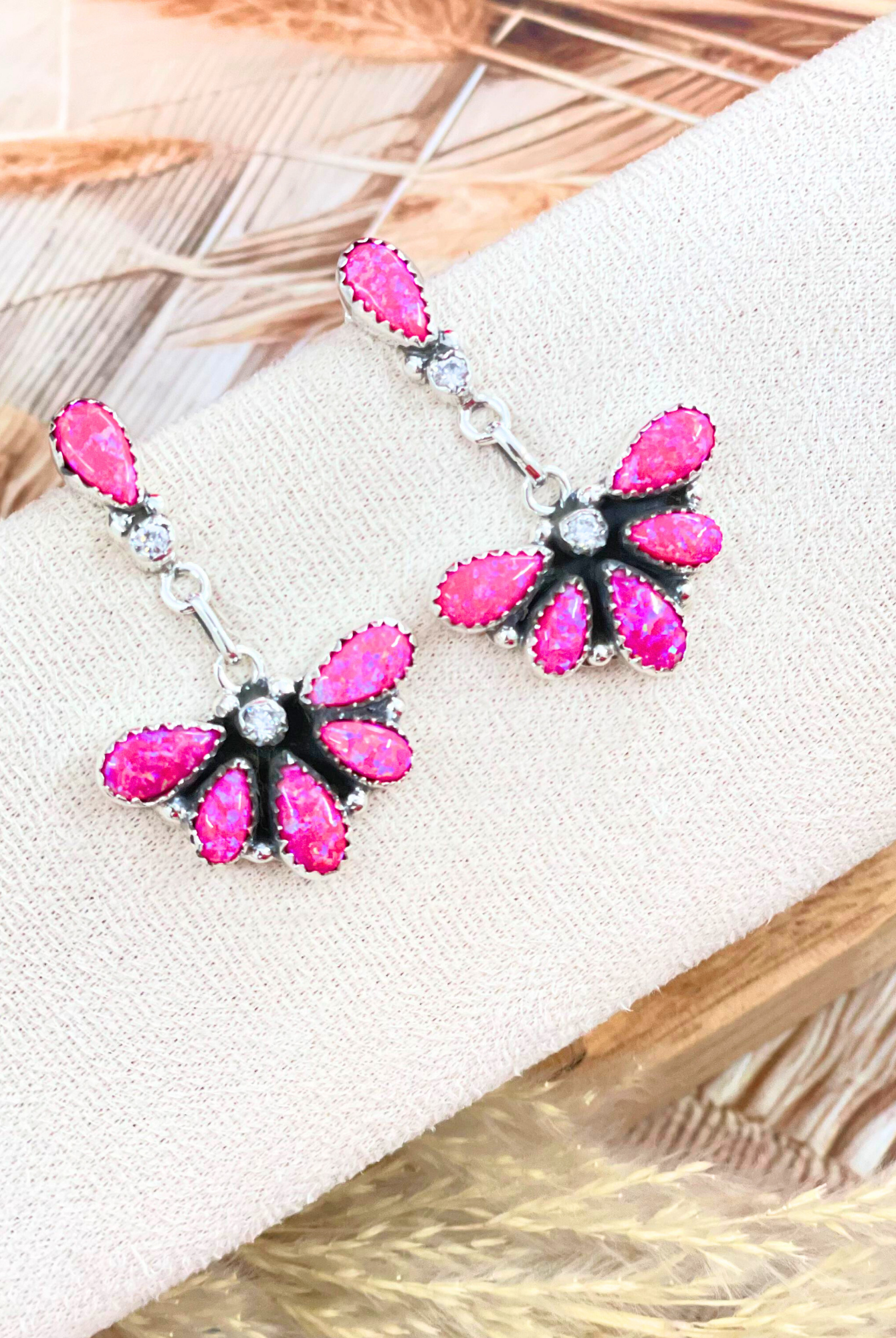 Half Of Me Neon Pink Opal & Crystal Sterling Drop Earrings-Stud Earrings-Krush Kandy, Women's Online Fashion Boutique Located in Phoenix, Arizona (Scottsdale Area)