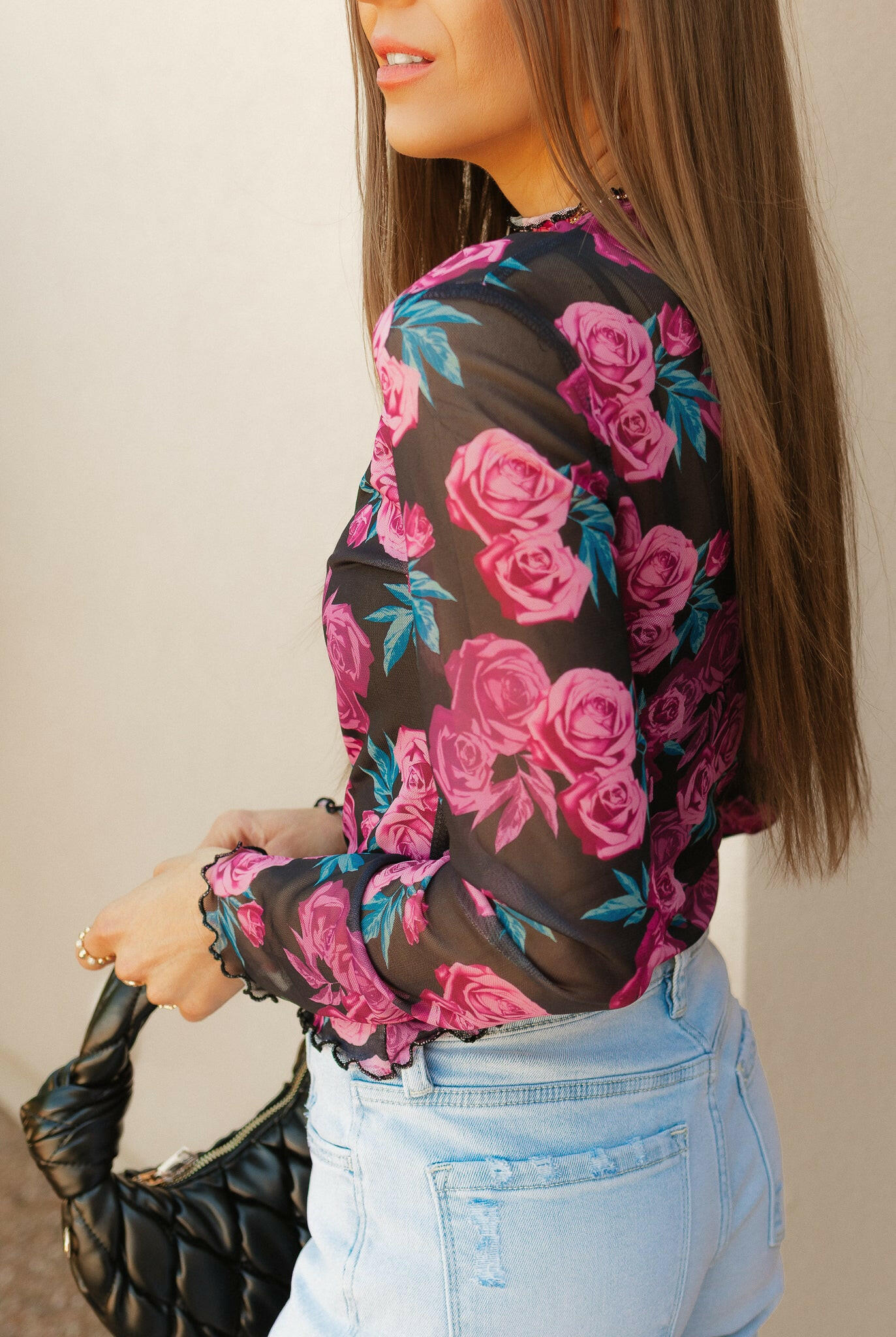 Midnight Rose Mesh Top-Long Sleeve Tops-Krush Kandy, Women's Online Fashion Boutique Located in Phoenix, Arizona (Scottsdale Area)