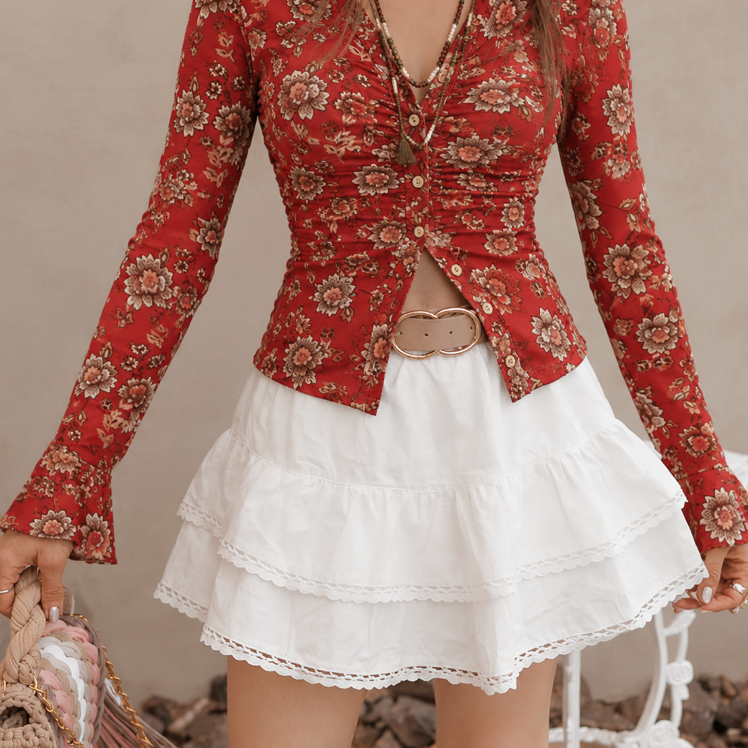 Petalwood Mesh Dreamer Button Sheer Long Sleeve Top
