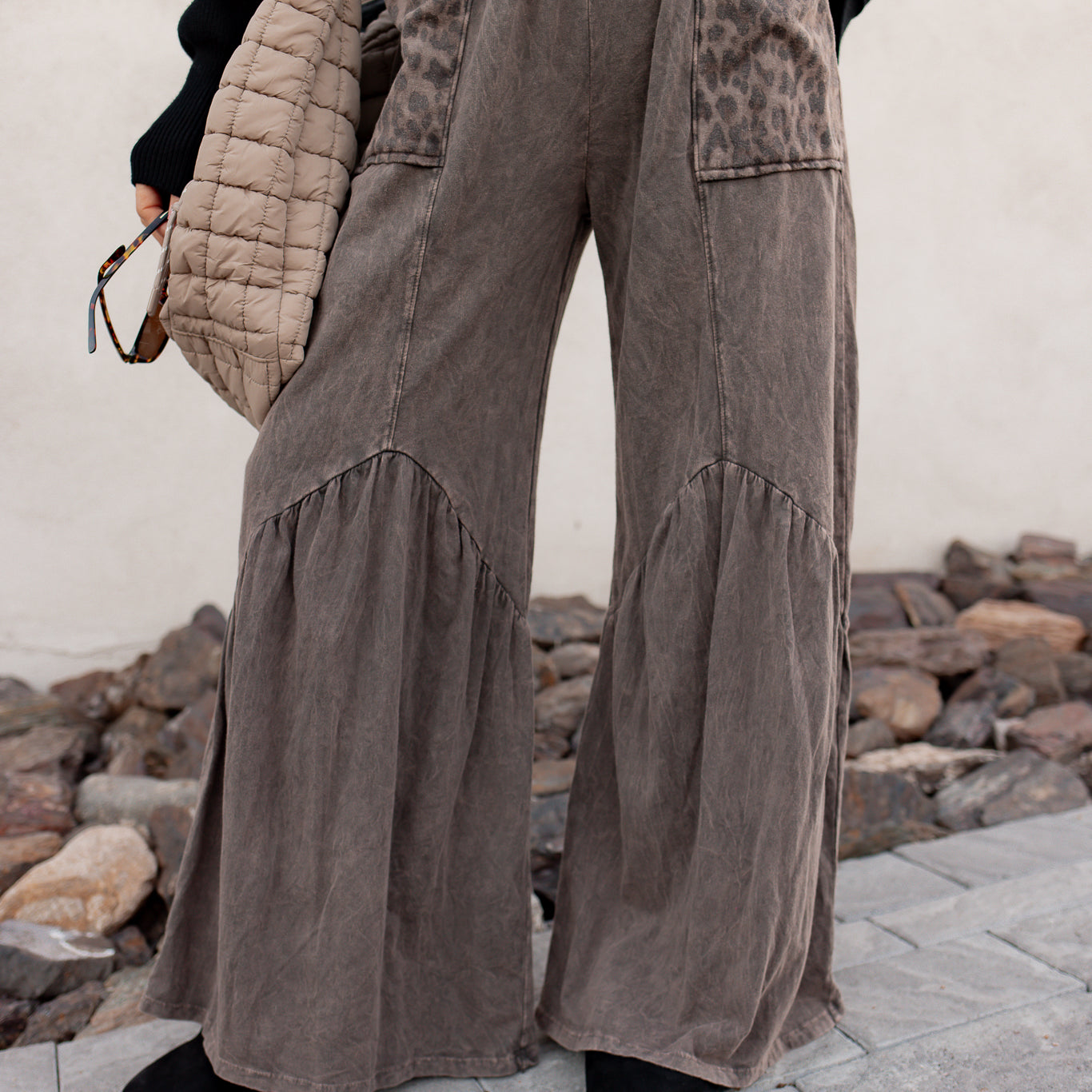 J.HER Mineral Washed Cotton Print Pocket Wide-Leg Flare Pants | S-XL-Pants-Krush Kandy, Women's Online Fashion Boutique Located in Phoenix, Arizona (Scottsdale Area)
