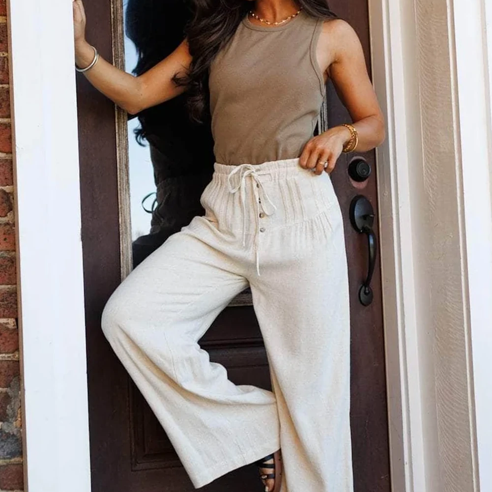 So Chill Drawstring Elastic Waist Button Pleated Detail Wide Leg Pants