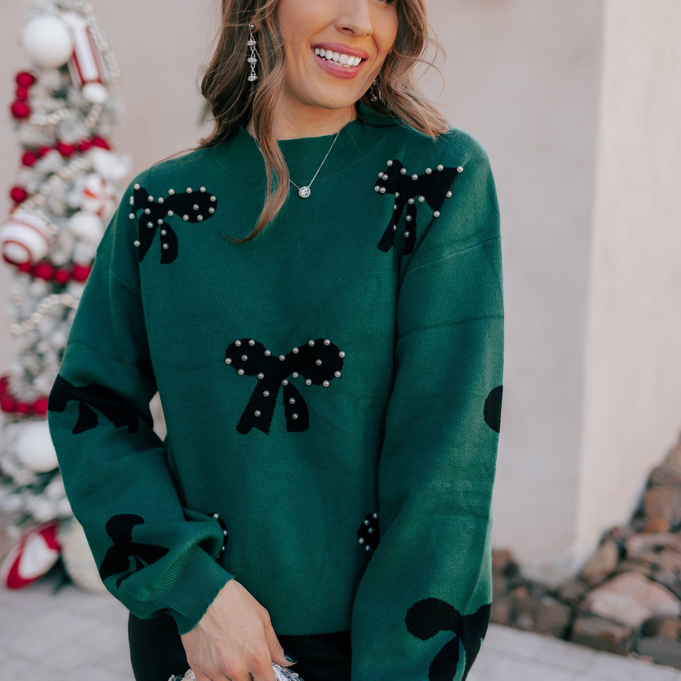 Pearl Embellished Bow Pattern Loose Sweater-Sweater-Krush Kandy, Women's Online Fashion Boutique Located in Phoenix, Arizona (Scottsdale Area)