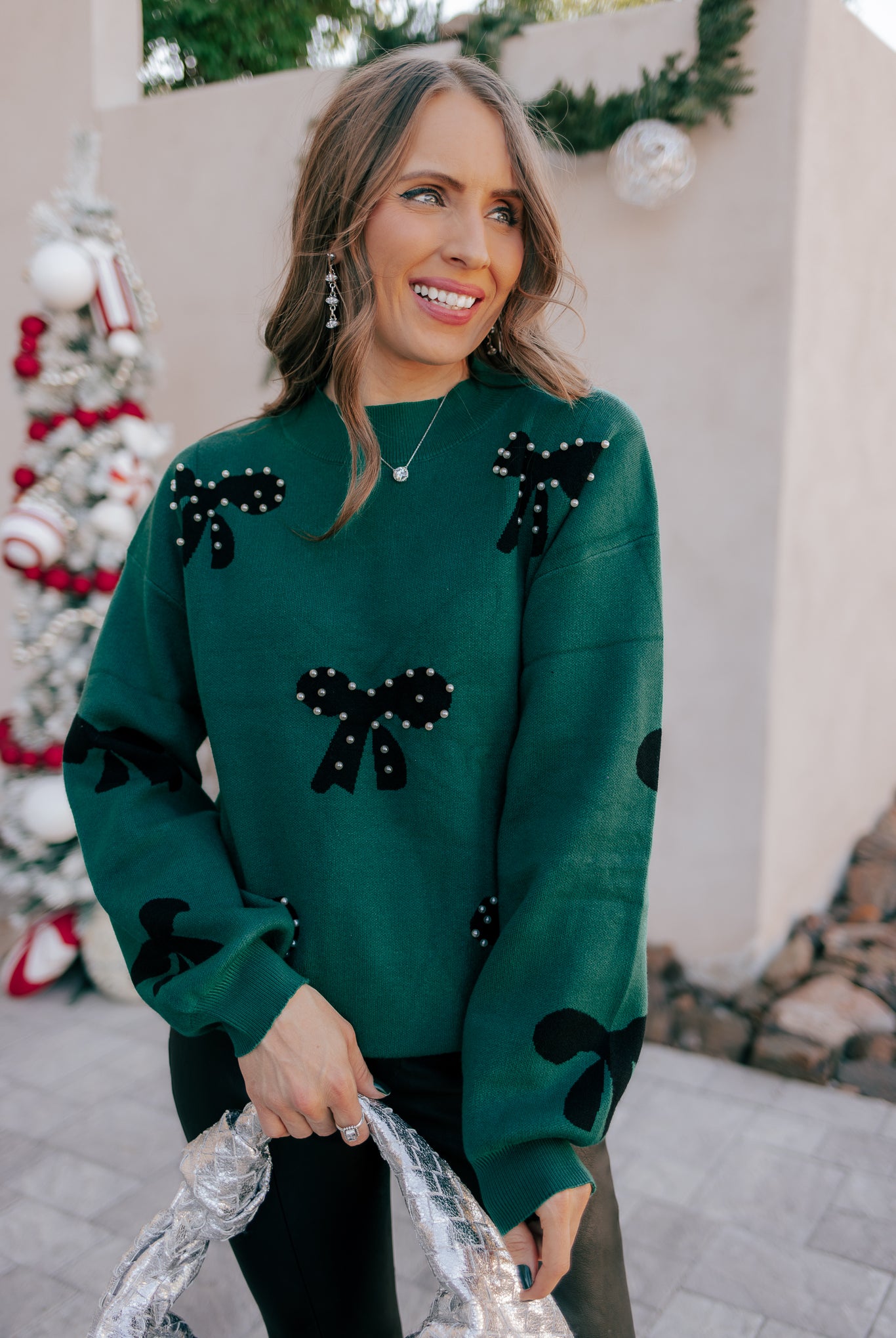 Pearl Embellished Bow Pattern Loose Sweater-Sweater-Krush Kandy, Women's Online Fashion Boutique Located in Phoenix, Arizona (Scottsdale Area)