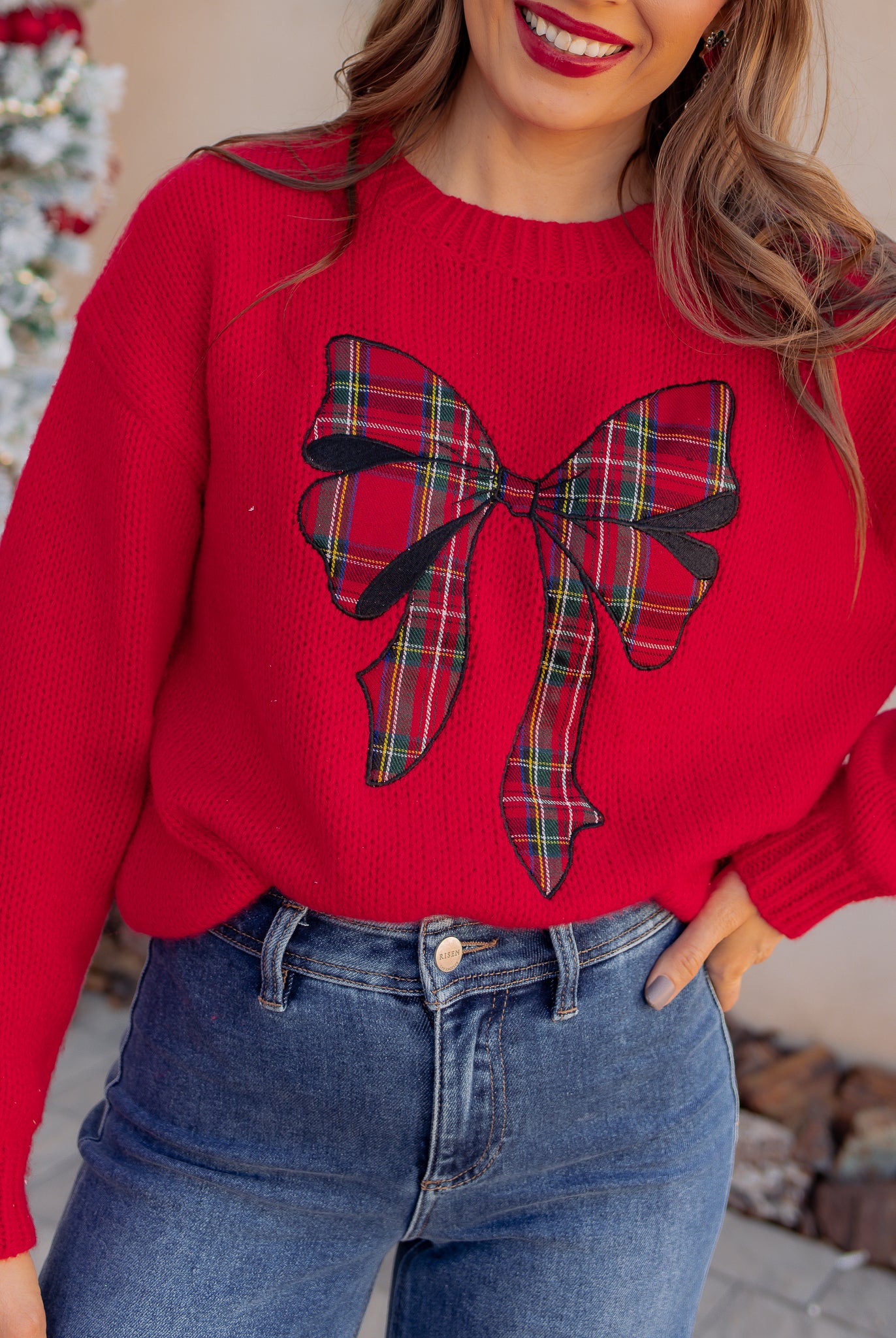 Plaid Bow Holiday Sweater \ KKB EXCLUSIVE XS-3X-Sweater-Krush Kandy, Women's Online Fashion Boutique Located in Phoenix, Arizona (Scottsdale Area)