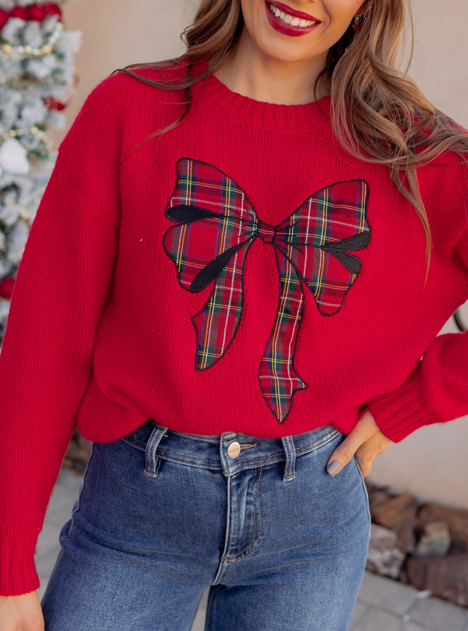 Plaid Bow Holiday Sweater \ KKB EXCLUSIVE XS-3X-Sweater-Krush Kandy, Women's Online Fashion Boutique Located in Phoenix, Arizona (Scottsdale Area)