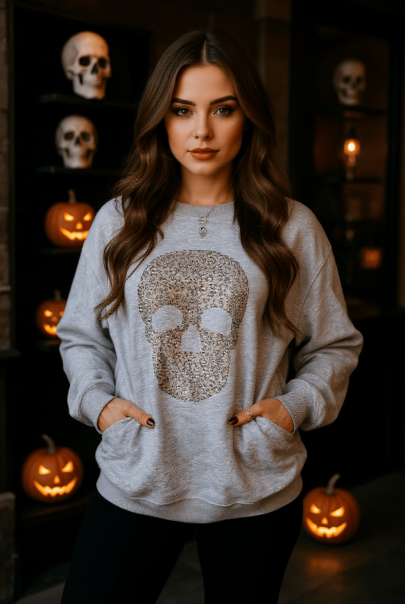 Pocket Leopard Rhinestone Skull Sweater S-2X-Sweaters-Krush Kandy, Women's Online Fashion Boutique Located in Phoenix, Arizona (Scottsdale Area)