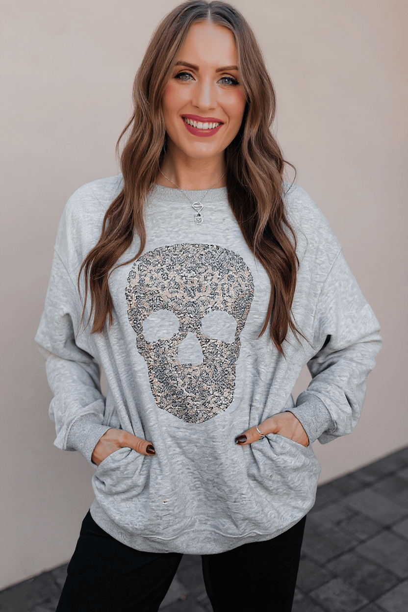 Pocket Leopard Rhinestone Skull Sweater S-2X-Sweaters-Krush Kandy, Women's Online Fashion Boutique Located in Phoenix, Arizona (Scottsdale Area)