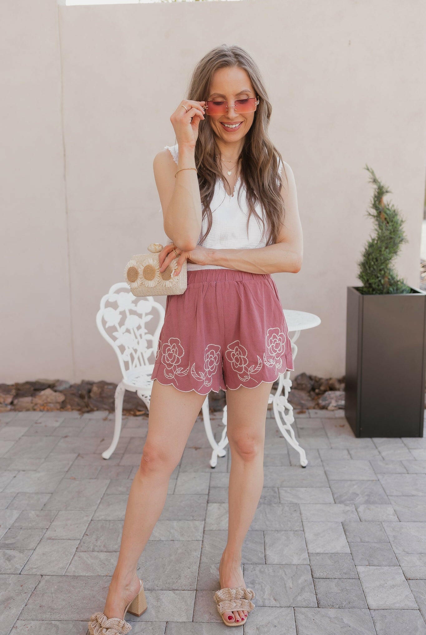 Umgee Full Size Linen Blend Shorts with Floral Embroidered Details Plus Size-Shorts-Krush Kandy, Women's Online Fashion Boutique Located in Phoenix, Arizona (Scottsdale Area)
