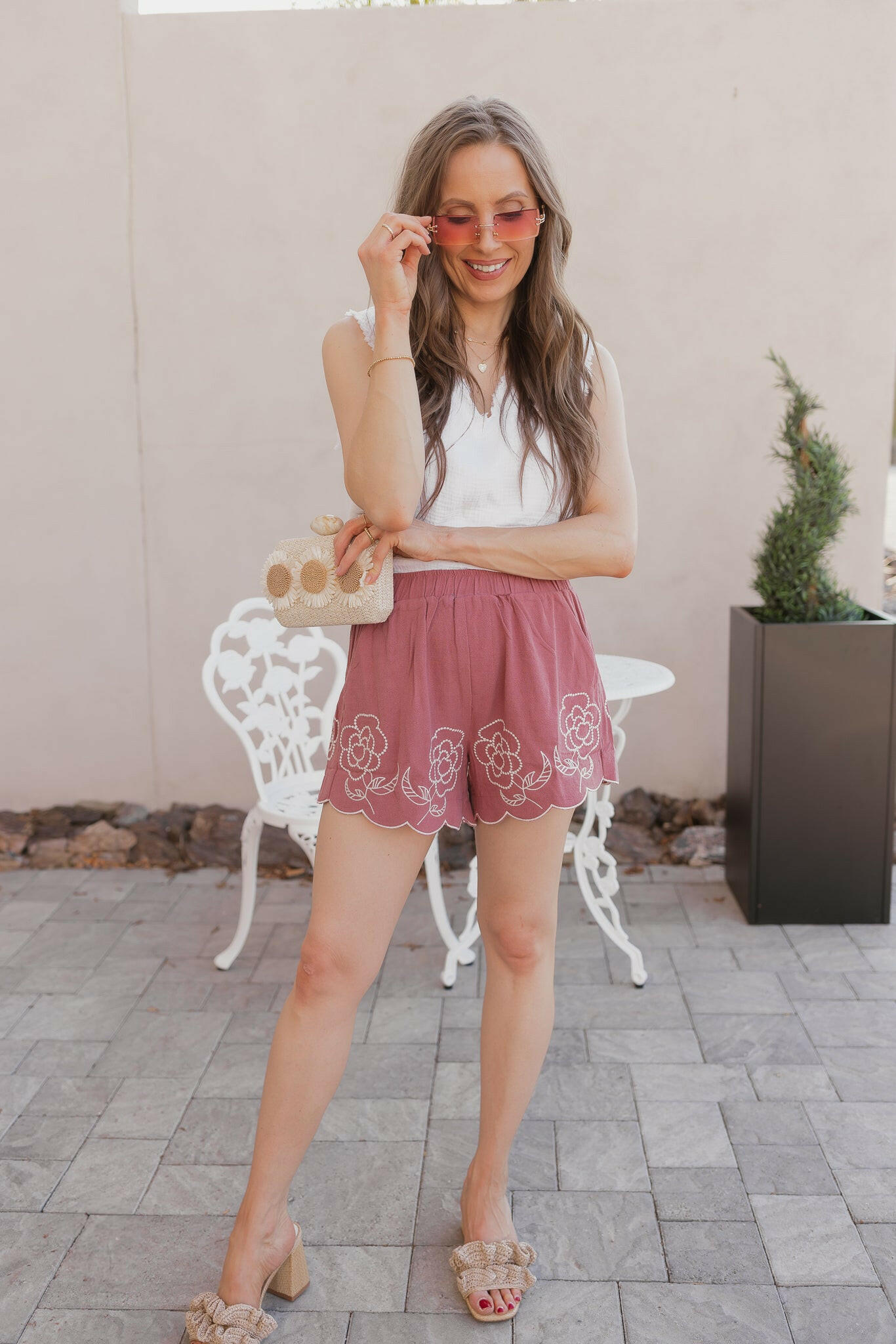 Umgee Full Size Linen Blend Shorts with Floral Embroidered Details Plus Size-Shorts-Krush Kandy, Women's Online Fashion Boutique Located in Phoenix, Arizona (Scottsdale Area)