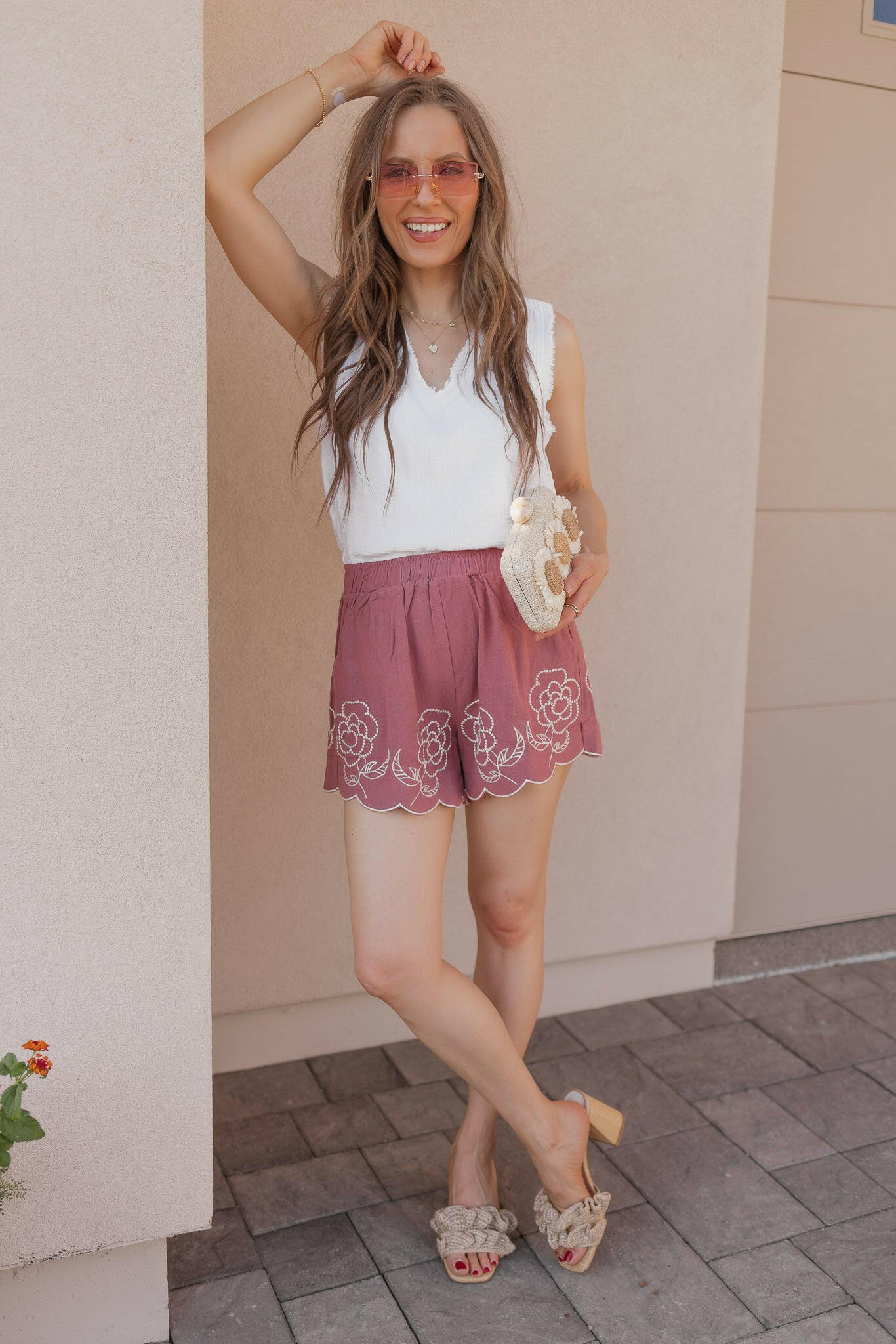 Umgee Full Size Linen Blend Shorts with Floral Embroidered Details Plus Size-Shorts-Krush Kandy, Women's Online Fashion Boutique Located in Phoenix, Arizona (Scottsdale Area)